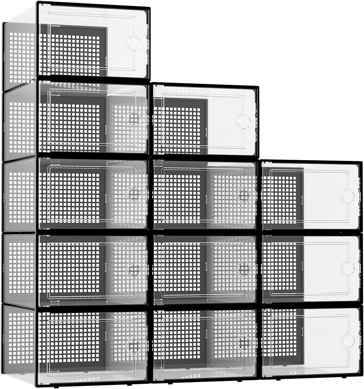 Kuject Large Shoe Organizers Storage Boxes for Closet, 12 Pack Clear Plastic Stackable Storage Bins with Lids, under Bed Shoe Containers for Entryway, Drop Front, Fit up to Women'S Size 10,Black