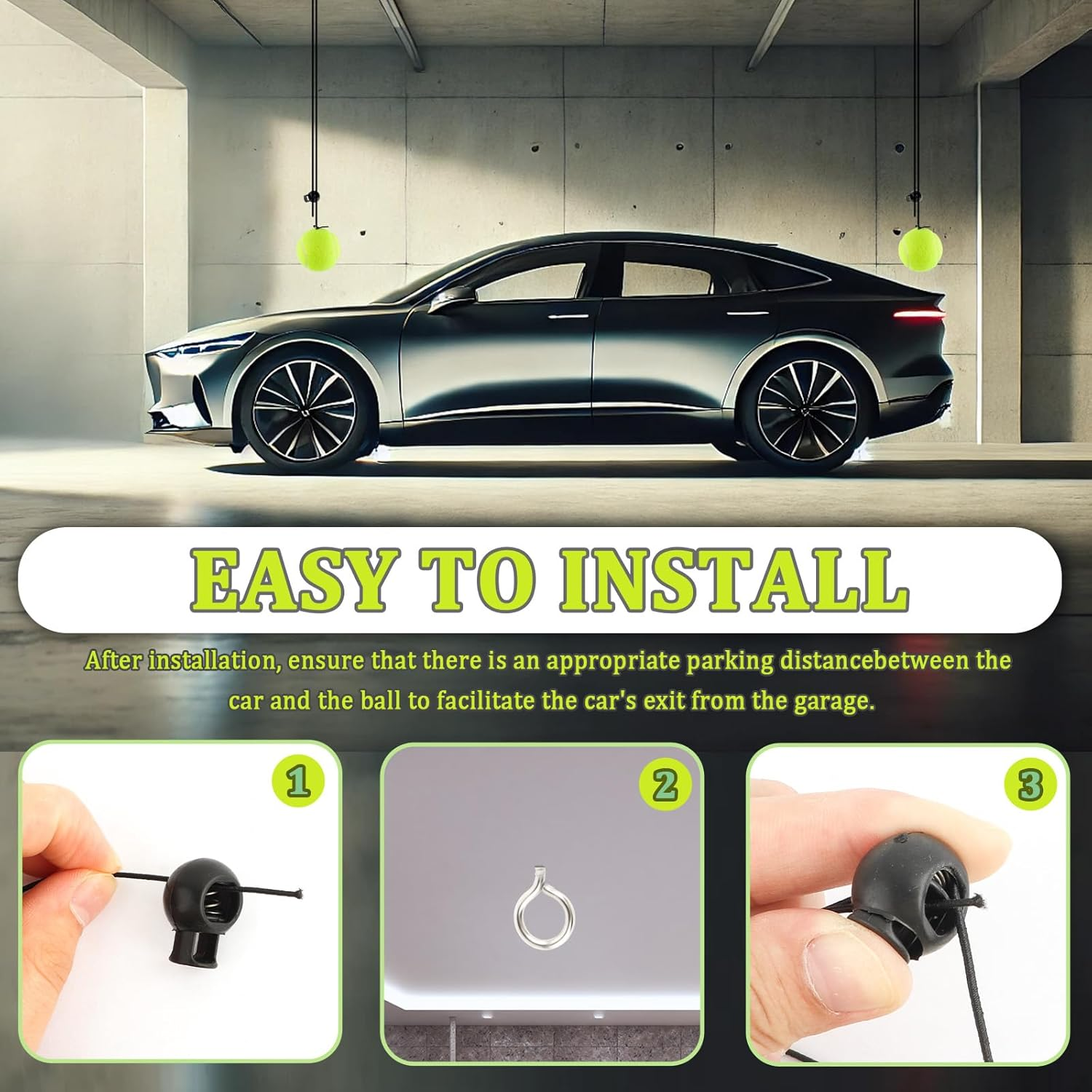 Figpade 2PCS Tennis Ball Garage Parking Aid,Garage Tennis Ball Parking Aid with Adjustable Height Lanyard for Guided Parking,Kit with 2 Tennis Garage Car Stopper,2 Screw Hooks,2 Spring Clips image number 1