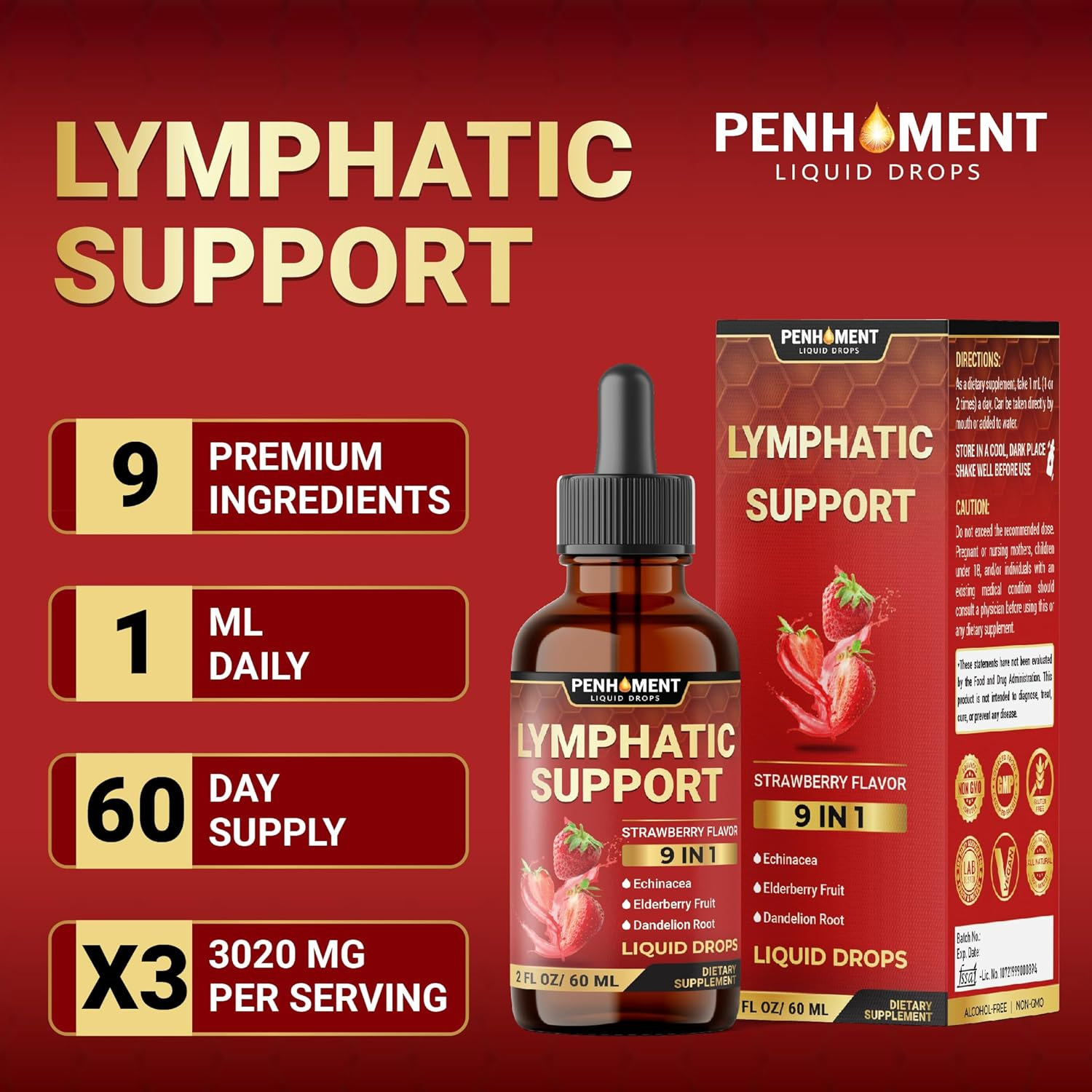 PENHOMENT 9In1 Lymphatic Drainage Drops Supplement - Echinacea | Elderberry | Dandelion | Rosehip | Cleavers | Calendula | Burdock - Lymph System Liquid Extract - Immune, Cleansing - 2 Fl Oz - 60 Days image number 5
