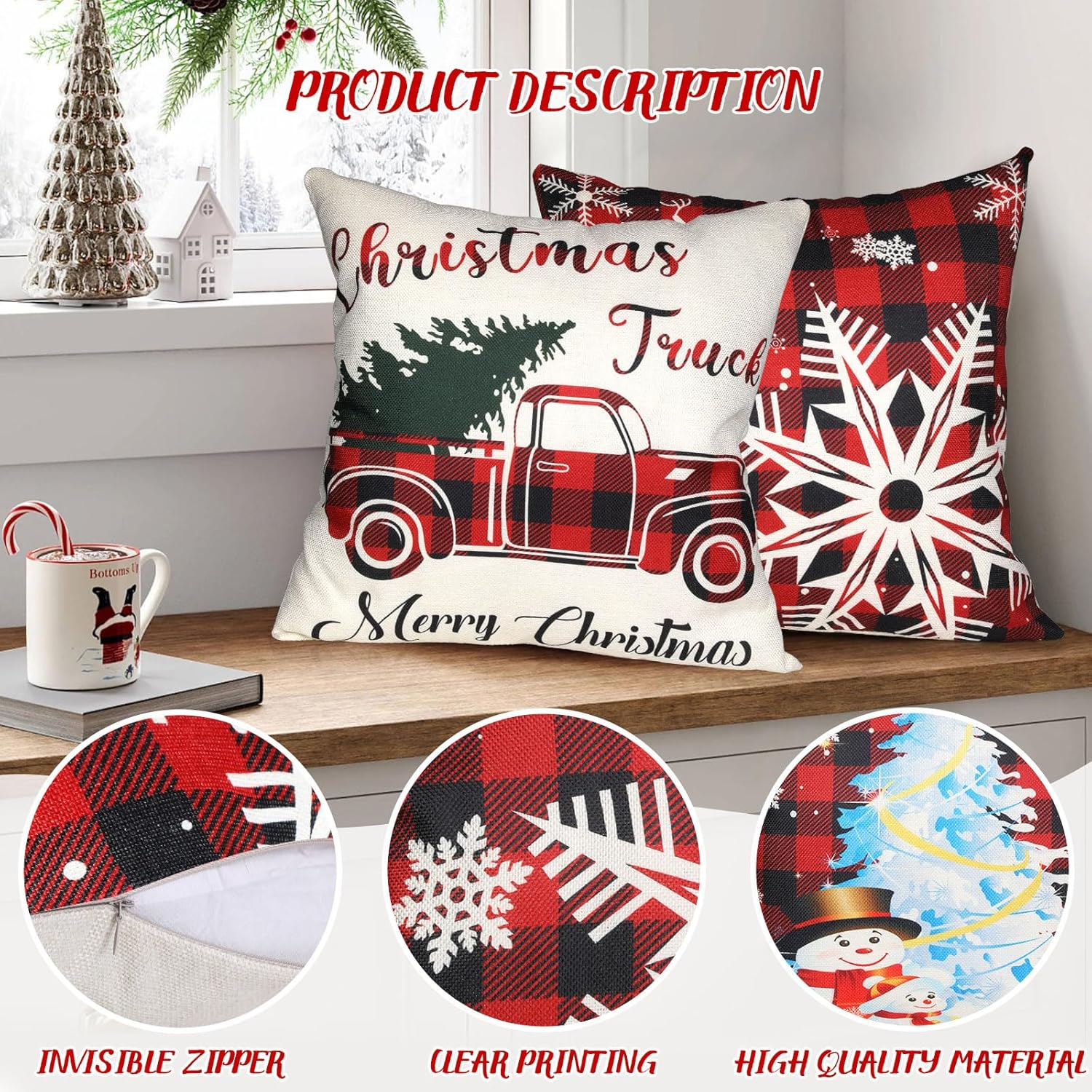 Bighan Christmas Pillow Covers, 18 X 18 Inch Throw Pillow Case Cushion Cover Linen Christmas Decorations, Red Plaid