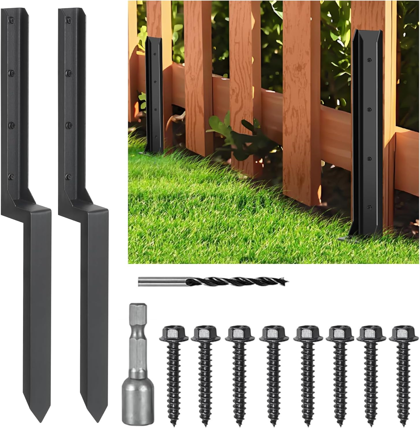 2 Pack Thicker Fence Post Repair Kit, Steel Fence Post Stakes, 34 Inches Anchor Ground Spike for Repairing Broken Wood Fence Post image number 6