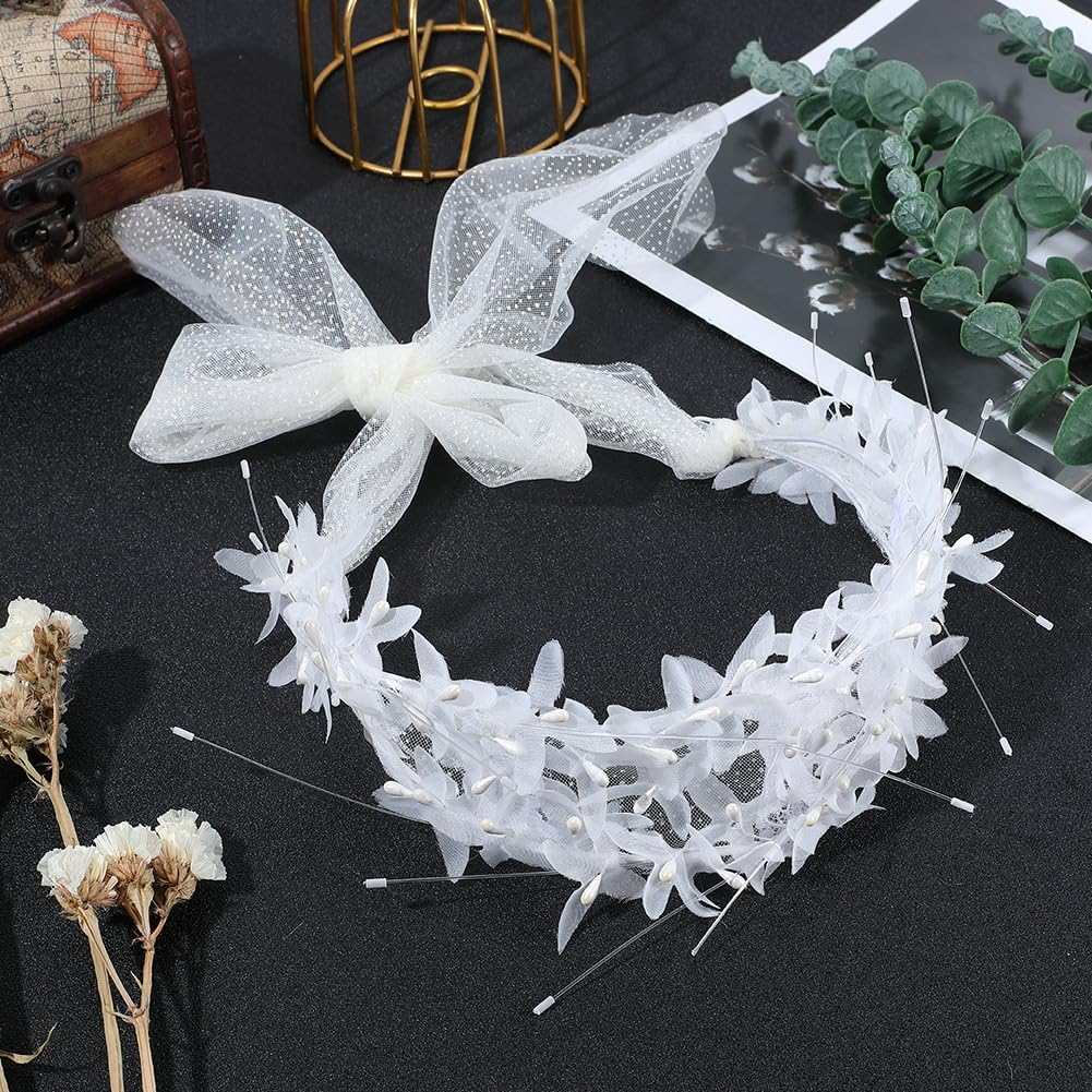 CABODYALS White Pearl Beads Mesh Headpiece Bridal Boho Fairy Headband Wedding Vintage Jewellery Hair Vine Bowknot Tulle Headbands for Women Dresses Birthday Party Halloween Cosplay Accessories image number 5