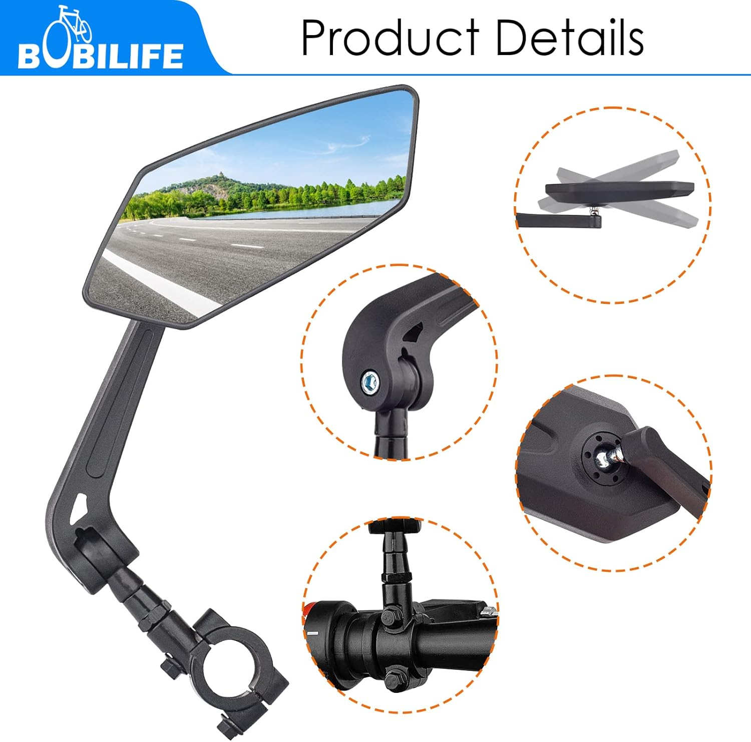 Bike Handlebar Rearview Mirror 2 Pack - Rotatable and Adjustable Wide Angle HD Safe Glass Rear View Shockproof Side Flat Mirror Universal for Bike Bicycle E-Bike (BM047)