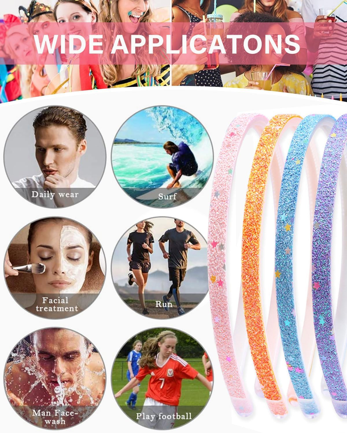 FUGLUS 4 X Fashion Headbands for Women, Glitter Headband with Rainbow Bling, Non-Slip Plastic Tooth Hair Bands, Cute Hair Accessories for Girls and Children, Colourful and Fashionable image number 3