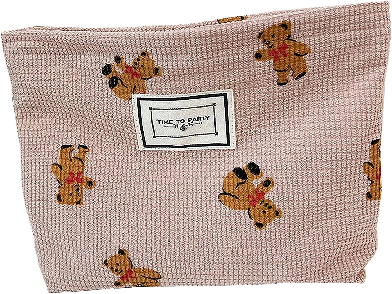 Gidary Cosmetic Bag Makeup Bag Preppy Cute Teddy Bear Corduroy Toiletry Bag for Women Travel Essentials (White-2)