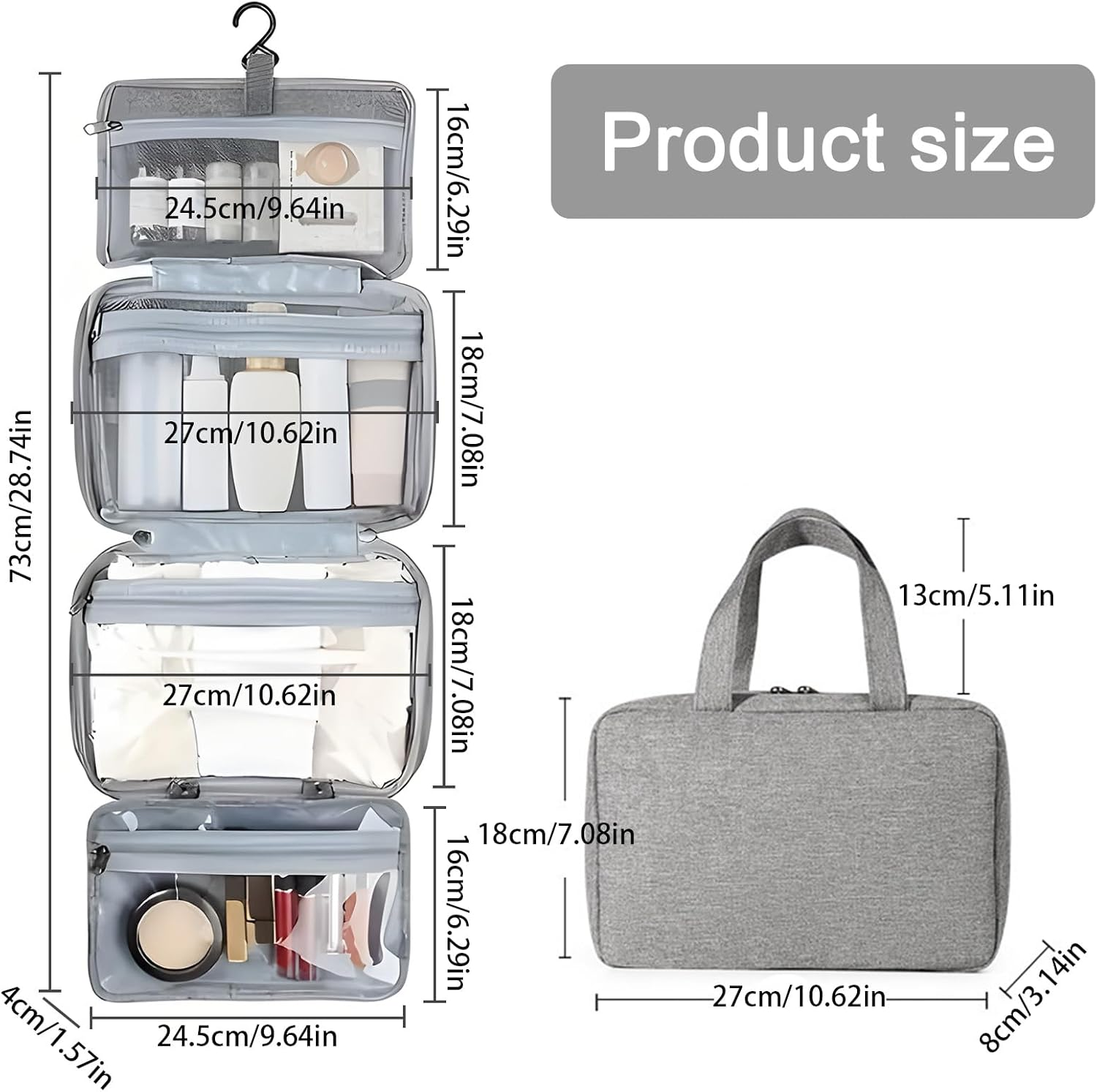 Travel Toiletry Bag with Hanging Hook - Spacious Makeup Organizer,Travel Essentials for Women & Men,Big Comparment, Waterproof for Shampoo, Conditioner, Brushes Set, Makeup Accessories, Grey image number 3