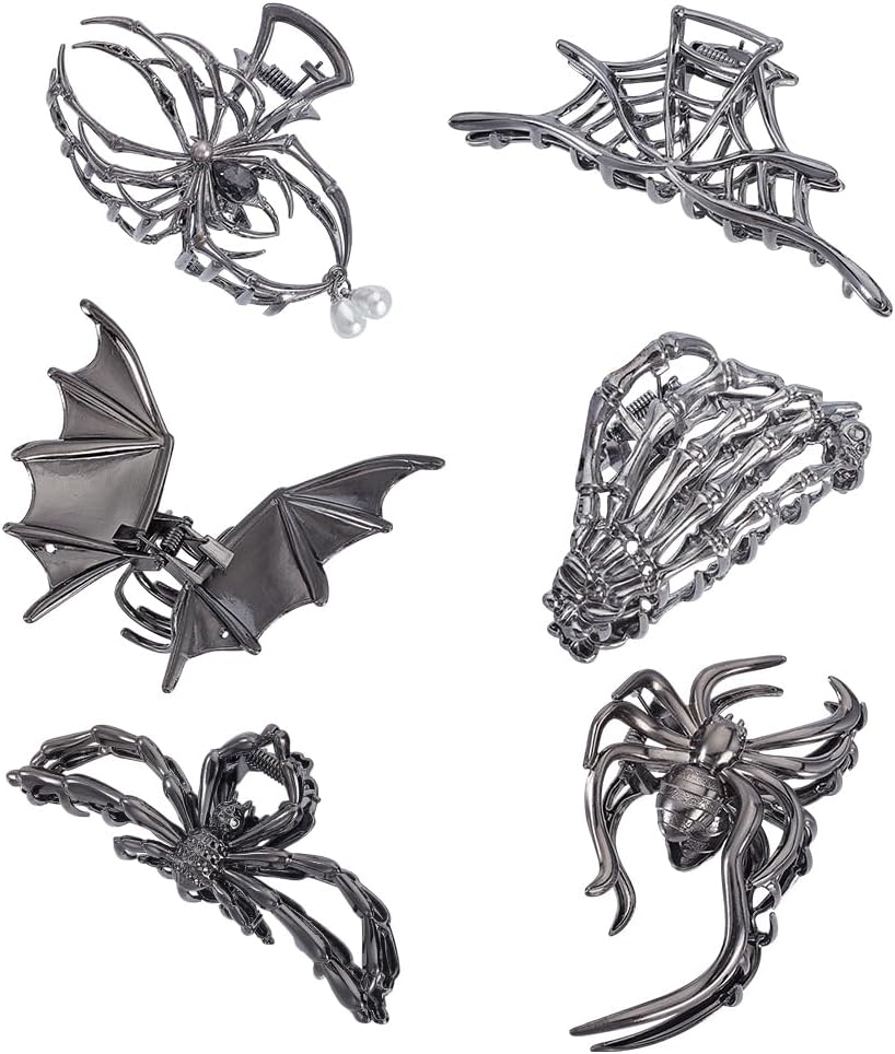 AHANDMAKER 6Pcs 6 Styles Hair Claw Clips, Metal Gothic Nonslip Bat Web Skeleton Spooky Barrettes Halloween Hair Accessories Clawclips for Thick Long Hair Styling Decorations