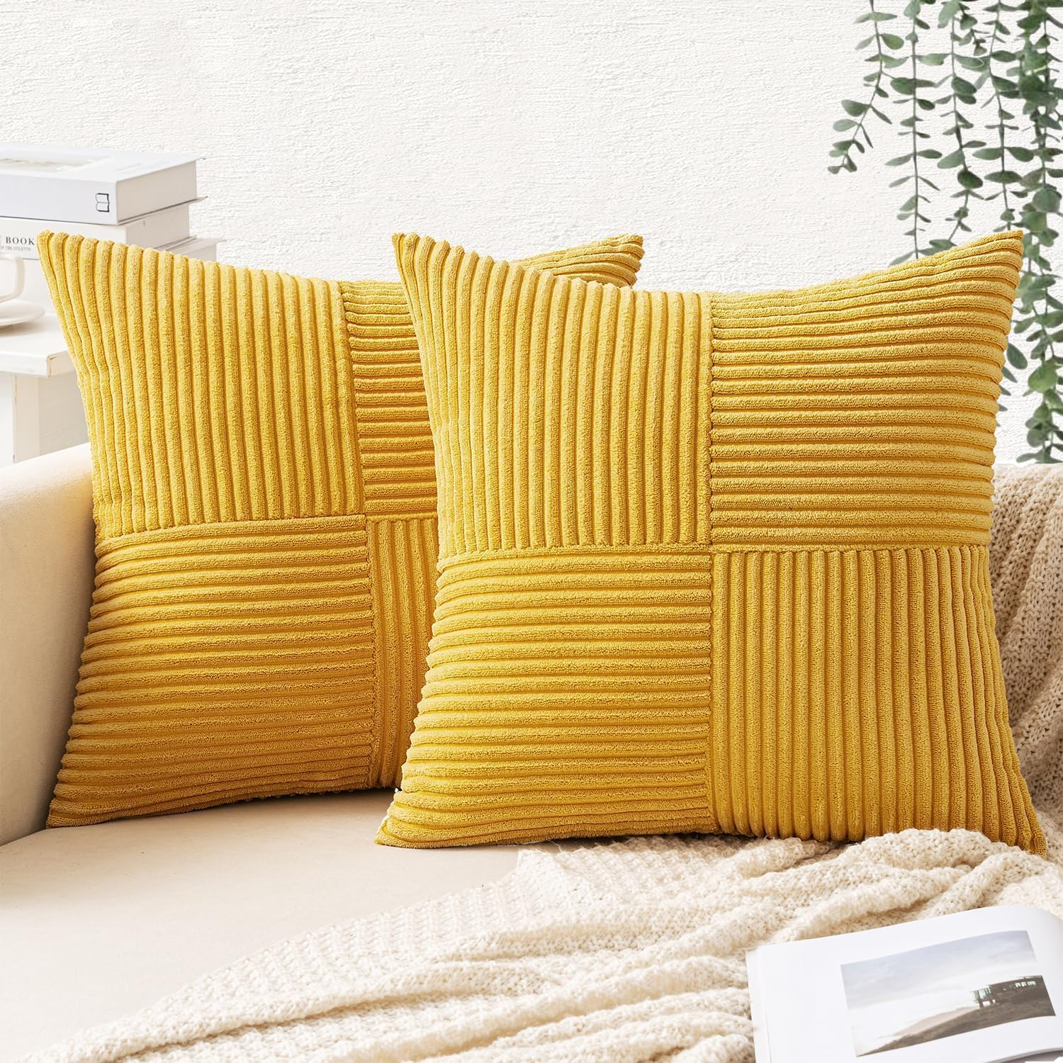 2 Pack Beige Boho Decorative Corduroy Throw Pillow Covers 18X18 Inch Soft Pillow Covers Solid Pillowcases Cross Patchwork Textured Cushion Covers for Living Room Decor Couch Bed Sofa-Yellow