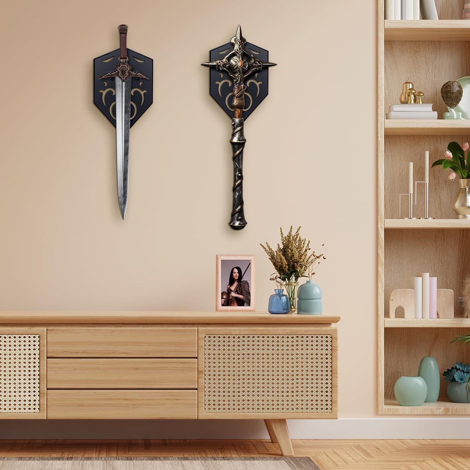 GAHEUNBB Sword Wall Mount Vertical Display Rack with Hollow-Carved Design Wall Holder for Medieval Swords Bows Axes & Props, Black image number 1