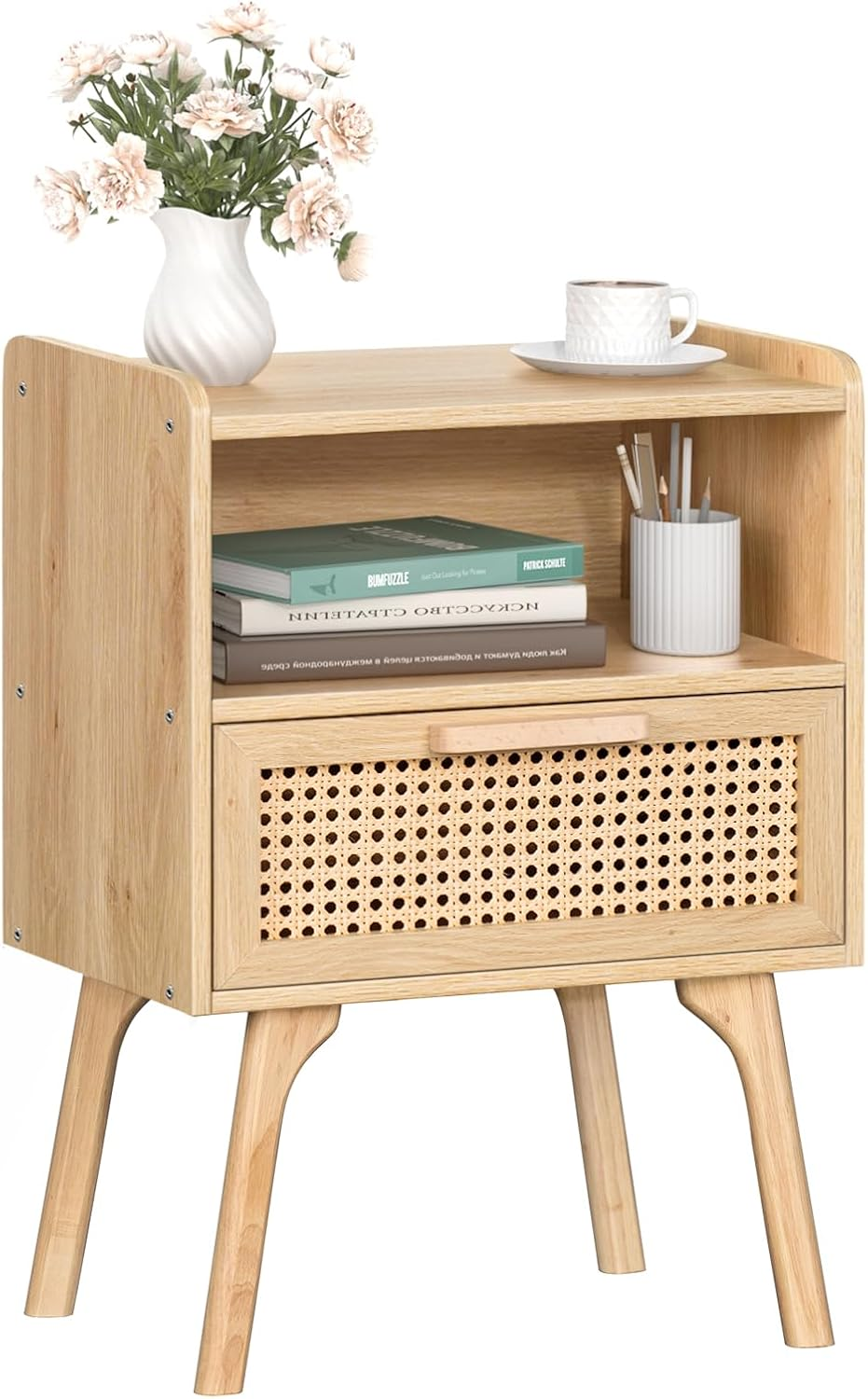 LELELINKY Rattan Nightstand, Small Side Table with Wooden Drawer and Open Shelves, Bedside Table with Solid Wood Legs, Living Room Sofa End Table, Bedroom Night Stand image number 6