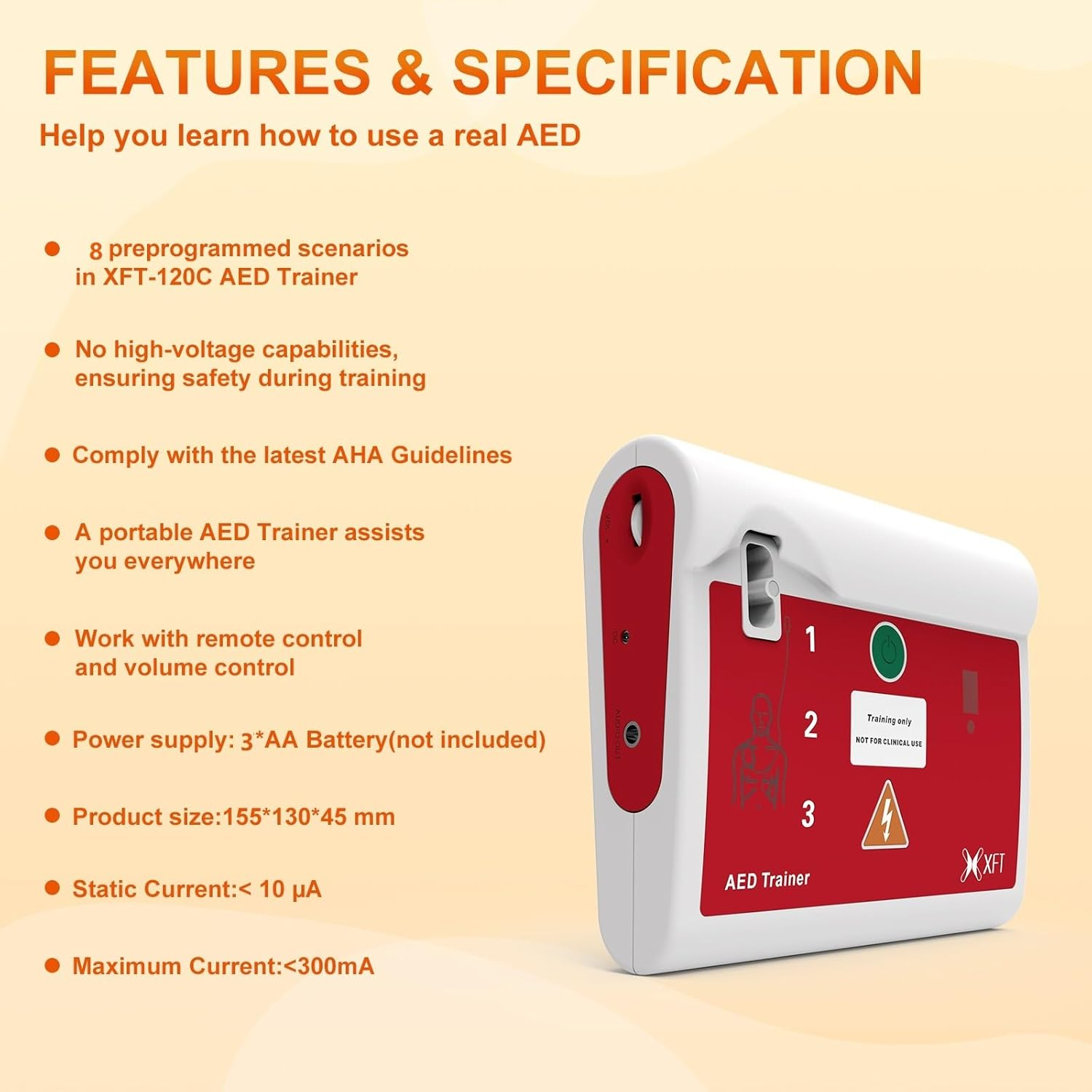 AED Trainer - Practice Defibrillator, XFT 120C AED Training Device with Remote Control, English/Chinese Voice Prompts, 8 Scenarios, AED First Aid Training Kit for Defibrillator Trainee Beginner image number 3
