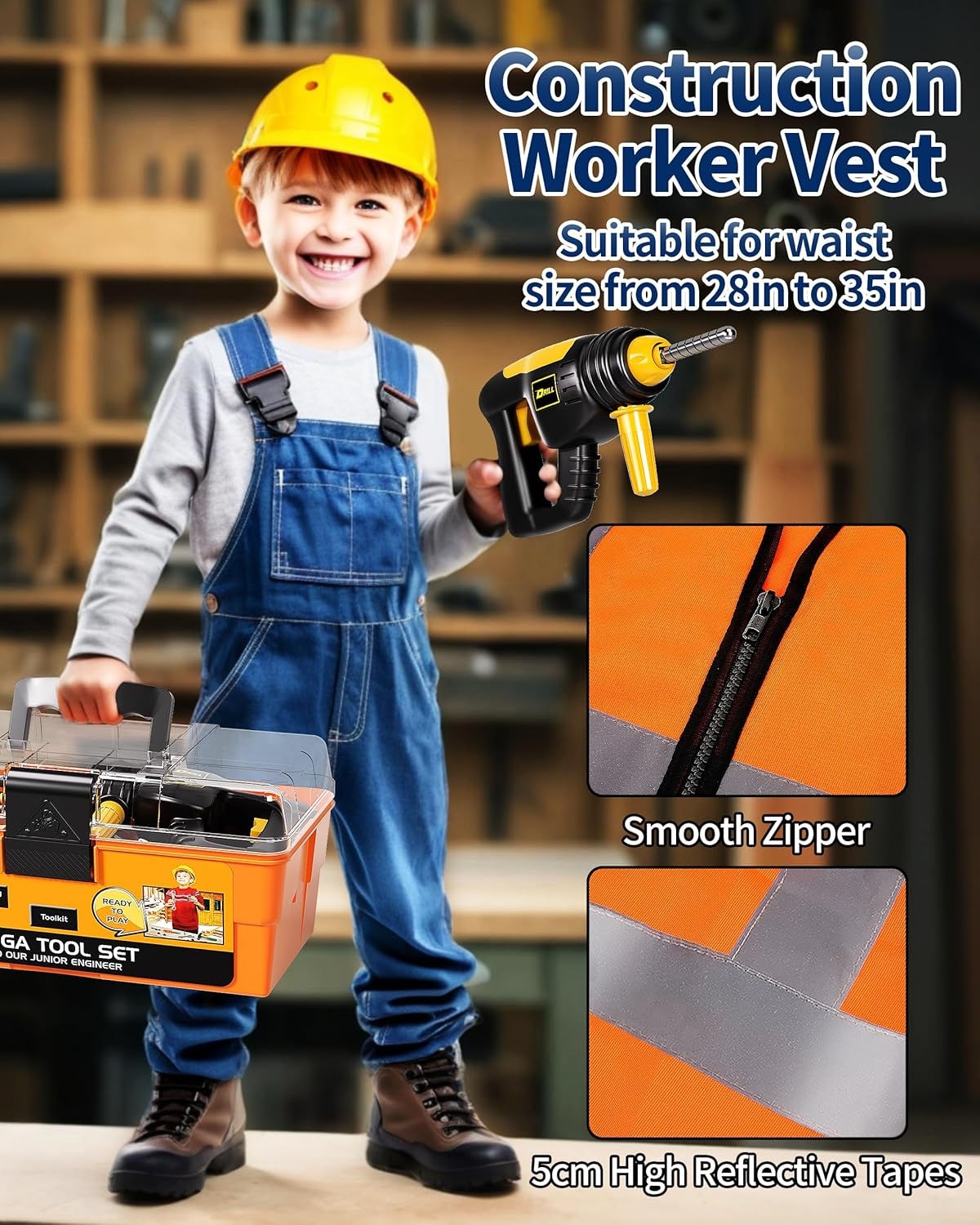 Deejoy Tool Set with Tool Box & Electronic Toy Drill, Pretend Play Kids Construction Kits for Kids Ages 3-5 Years Old, Toddler Boy Toys(Orange) image number 4