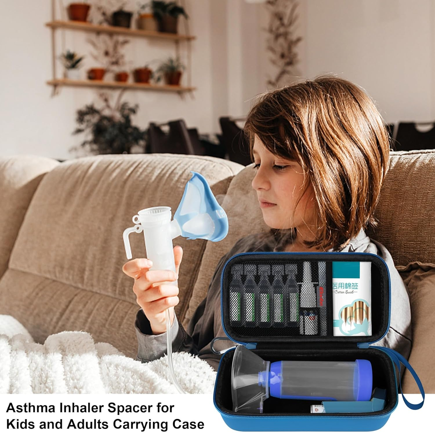 Elonbo Carrying Case ​For Asthma Inhaler, Inhaler Spacer for Kids and Adults, Masks, Inhaler Holder Asthma Travel Organize Bag, Pocket Fits Allergy Meds, Ventolin Inhaler, Blue (Case Only) - Blue image number 4