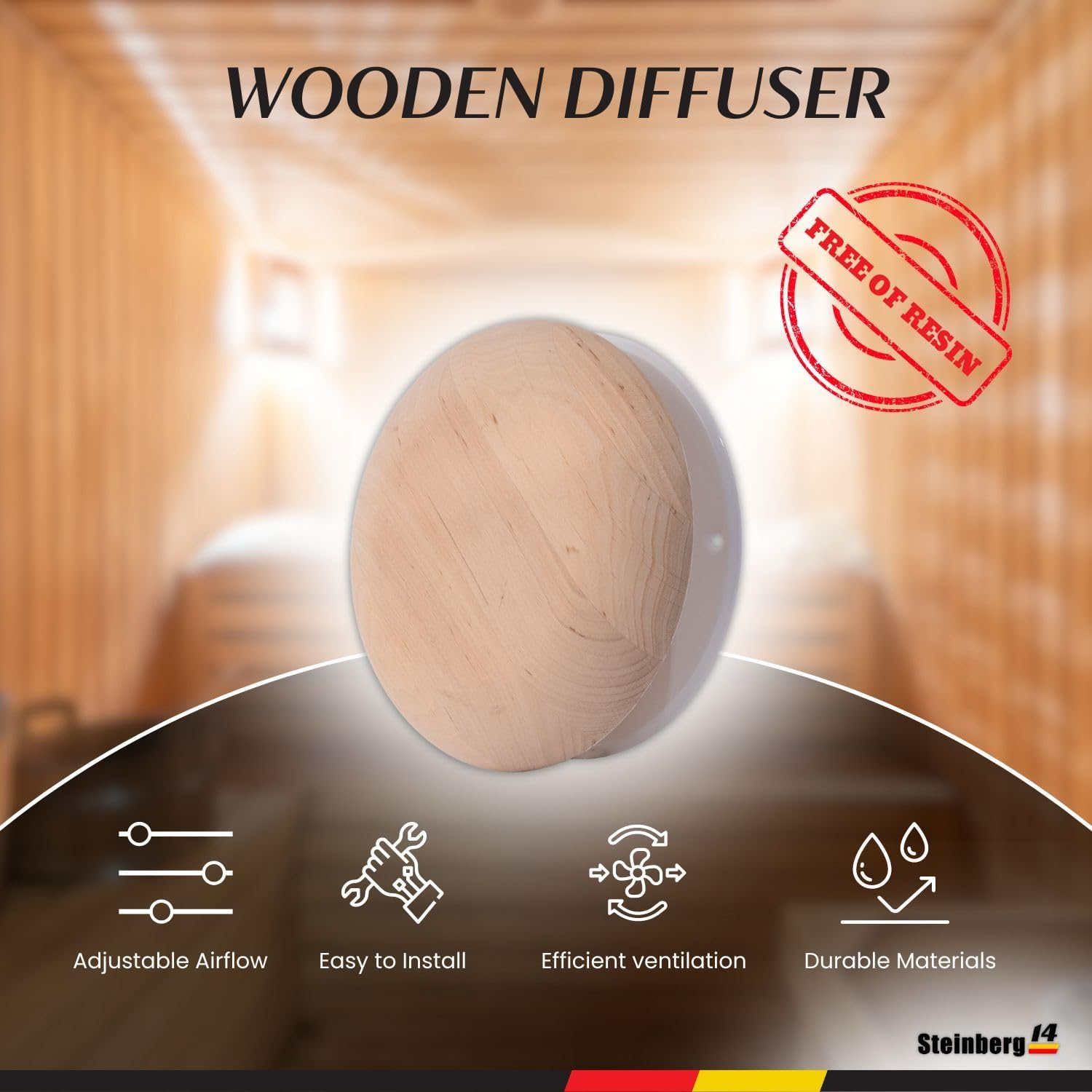 Steinberg14 Wooden Air Diffuser - 4 Inch Universal Supply and Exhaust Valve - 100Mm Adjustable Vent Cover - round Wall Ceiling Vent - Black Alder Wood Air Vent - Ventilation Grille for Sauna image number 3