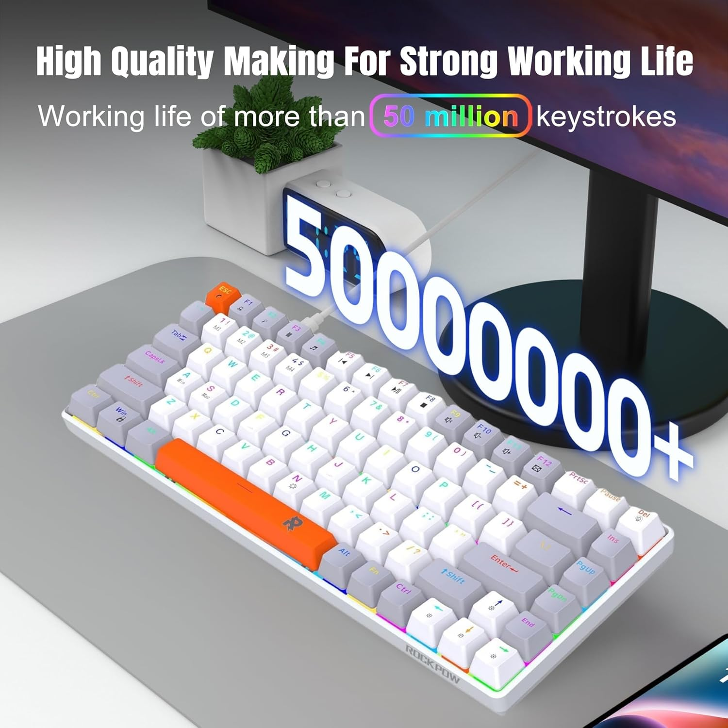 ROCK POW 70% Wired Mechanical Gaming Keyboard, 84Keys RGB Backlit Ultra-Compact Mini Keyboard, Waterproof Mini Compact for Pc/Mac Gamer, Typist, Easy Carry on Trip Blue Switch - 63 Blue White Red image number 7