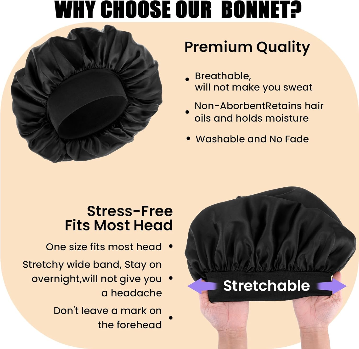 Wanmu Silk Bonnet with Wave Caps, Soft Satin Hair Bonnets & Compression Cap, Elastic Band Sleep Hat for Sleeping Men Women Natural Curly Hair (Black) image number 3