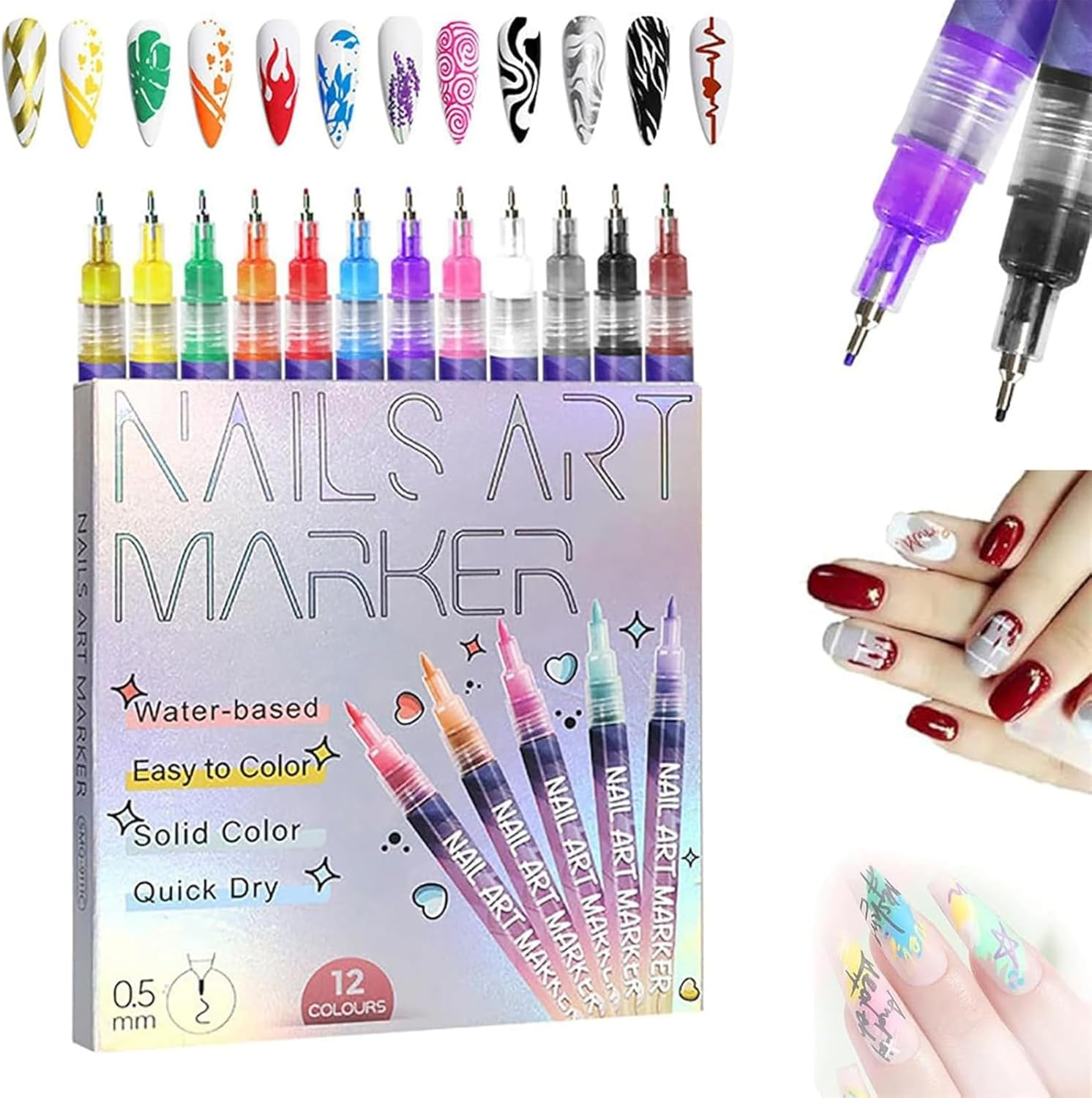 Pink Galaxy Nail Art Pens, 2026 New 12 Colors Nail Art Pens Set, Quick Drying Nails Polish Markers DIY Nails Arts Tools for Painting, Graffiti, Dottings, Drawing (2Set)