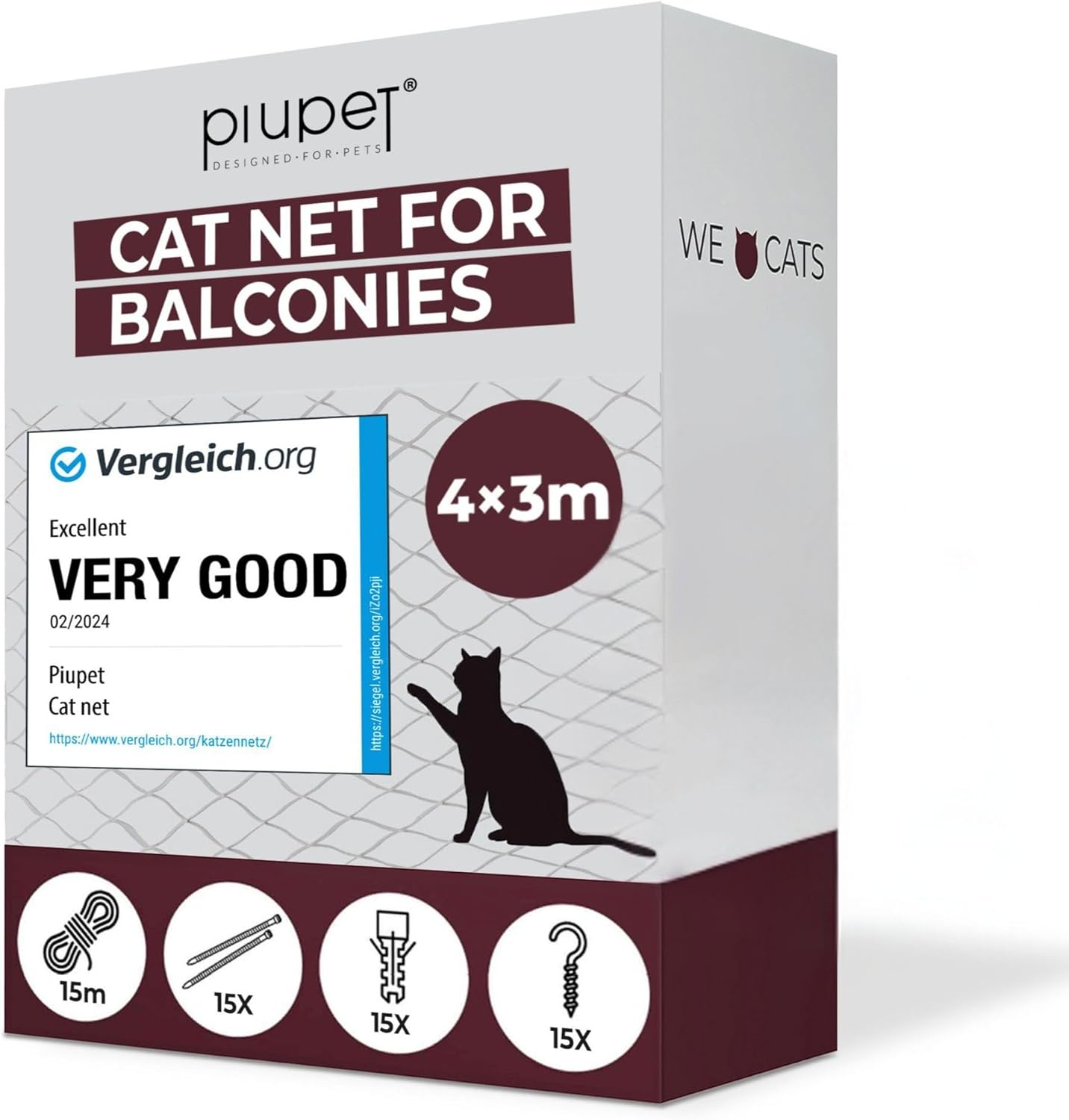 Piupet&reg; Cat Net Transparent I 4X3M I Including Fastening Set I Netting for Balcony and Window I Balcony Netting for Cats | Ideal for Catio Cat Outdoor Enclosures and Cat Window Guard image number 3