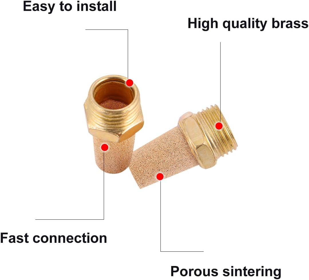 TEHAUX 8Pcs Brass, Sintered Bronze Pneumatic - 1/4 Npt Silnecer Breather Vent - 1/2 Male Thread Sintered Pneumatic All Bronze Brass G1 image number 5