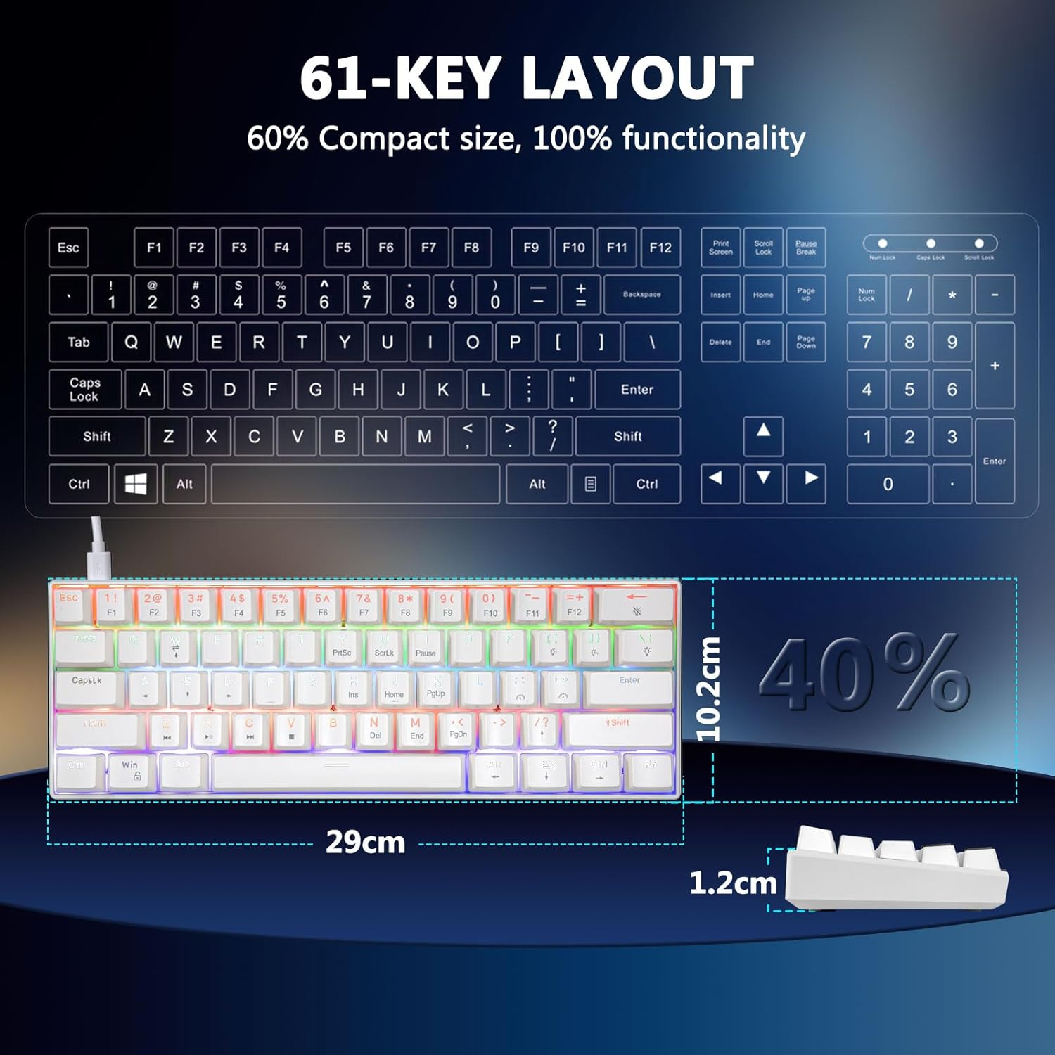 HUO JI Ck608 60% Mechanical Keyboard, Brown Switches Mechanical Gaming Keyboard Wired with LED Backlit, Ultra-Compact 60 Percent Computer Keyboard for Windows