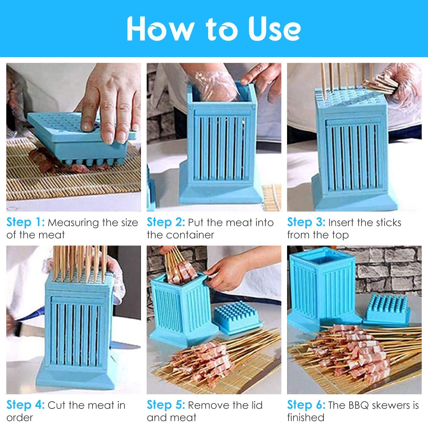 Hapivida 49 Holes Barbecue Skewers Maker, Kebab Making Box Grill Meat Slicers BBQ Skewer Tool, Brochette Maker Kit for Kitchen Outdoor Blue image number 6