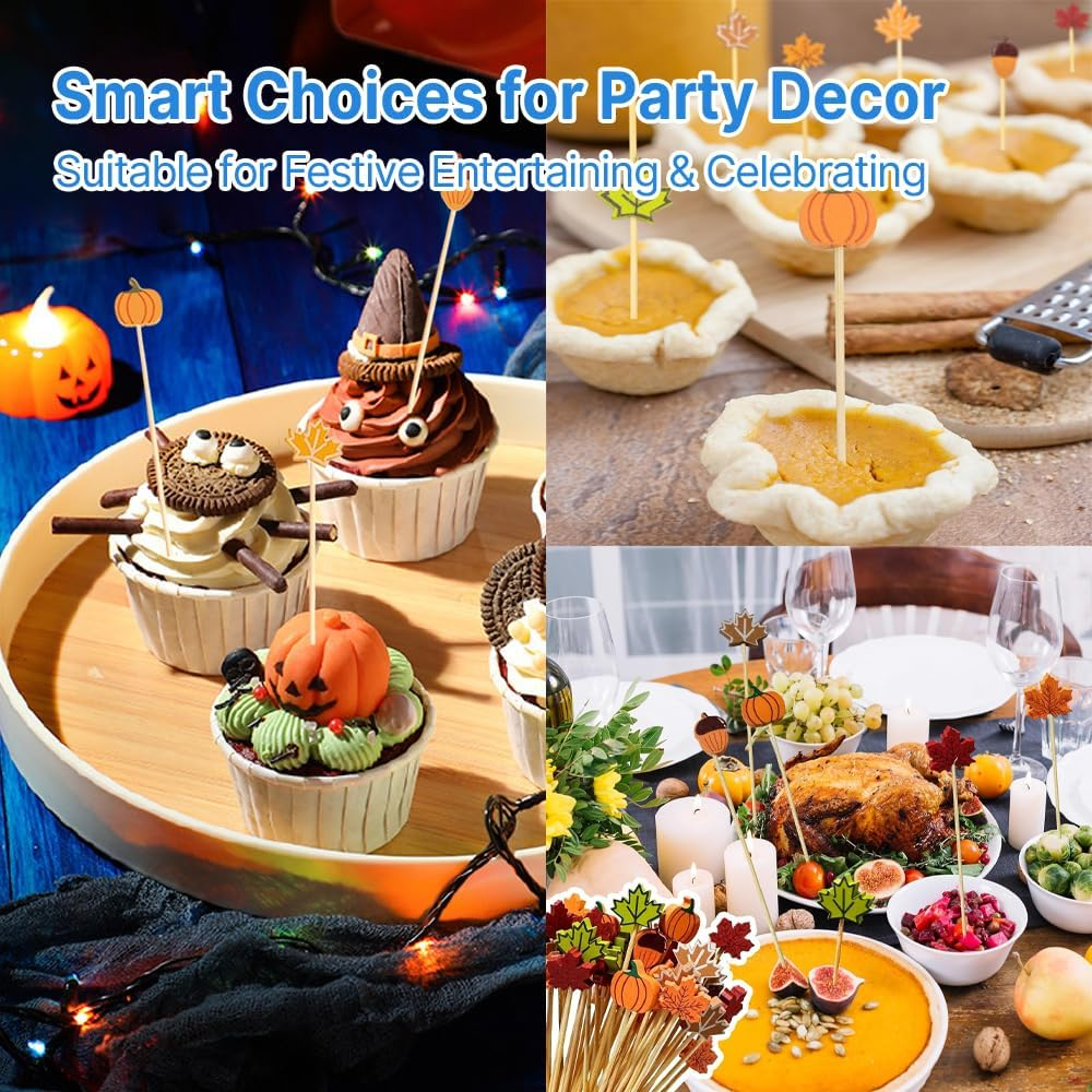 100 Pcs Fall Cocktail Picks - Pumpkin, Maple Leaf & Hazelnut Bamboo Toothpicks for Appetizers, Drinks, Charcuterie, Halloween & Thanksgiving Party Food Decorations image number 2