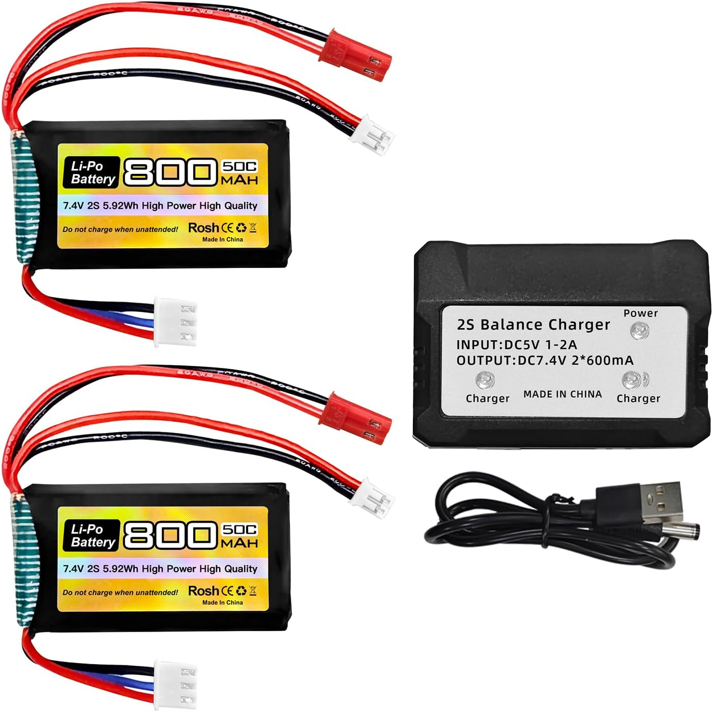 Fytoo 2PCS 7.4V Lipo 2S 50C 800Mah with JST and PH2.0 Plug with 2In1 Charger for SCX24 RC Car Battery, Compatible with Most 1/10, 1/16, 1/18, 1/24 Scale RC Car, Truck and RC Drone Batteries image number 4
