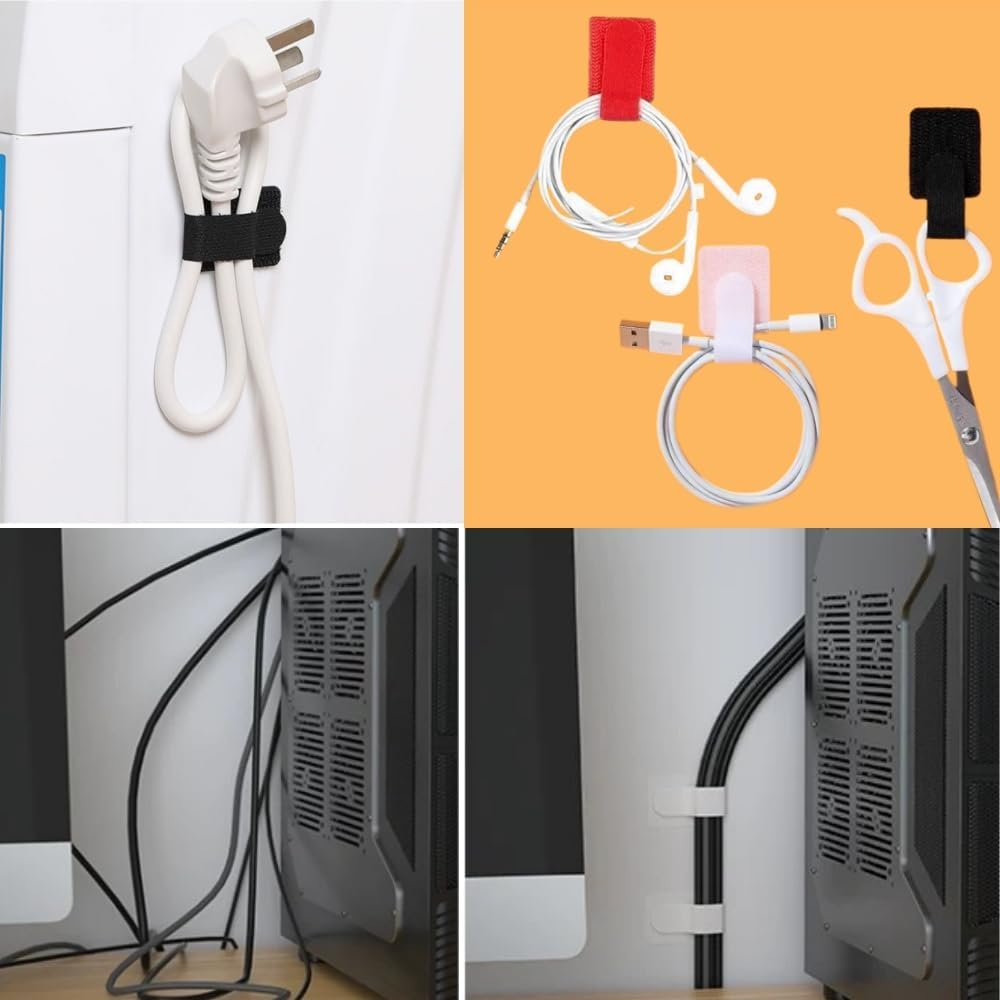 Hook and Loop Adhesive Cable Ties,30 PCS Sticky-Back Cord Organizer,Reusable Fastening and Organizing Data Cables,For Office, School and Home Use(8 Colors)