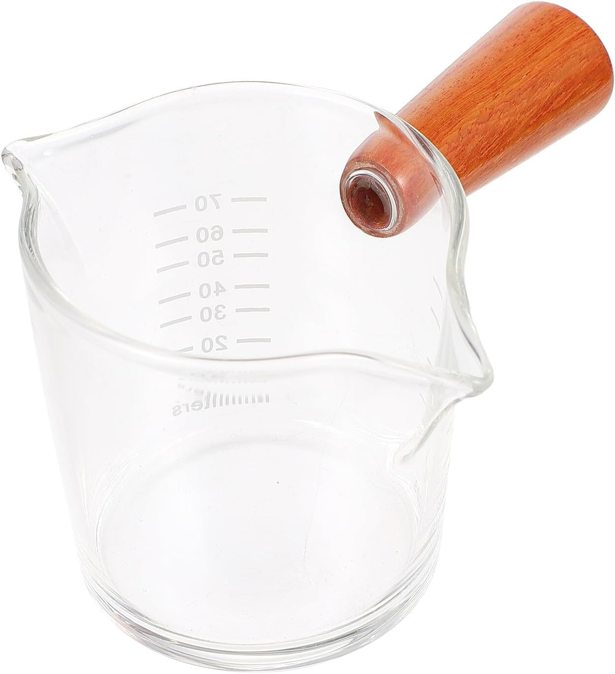 TEMPNAP Transparent Glass Coffee Measuring Cup with Wooden Handle Double Spout Milk Pitcher with Scale for Home Coffee Shops and Parties Easy-Clean Thick-Bottom Espresso Jug image number 3