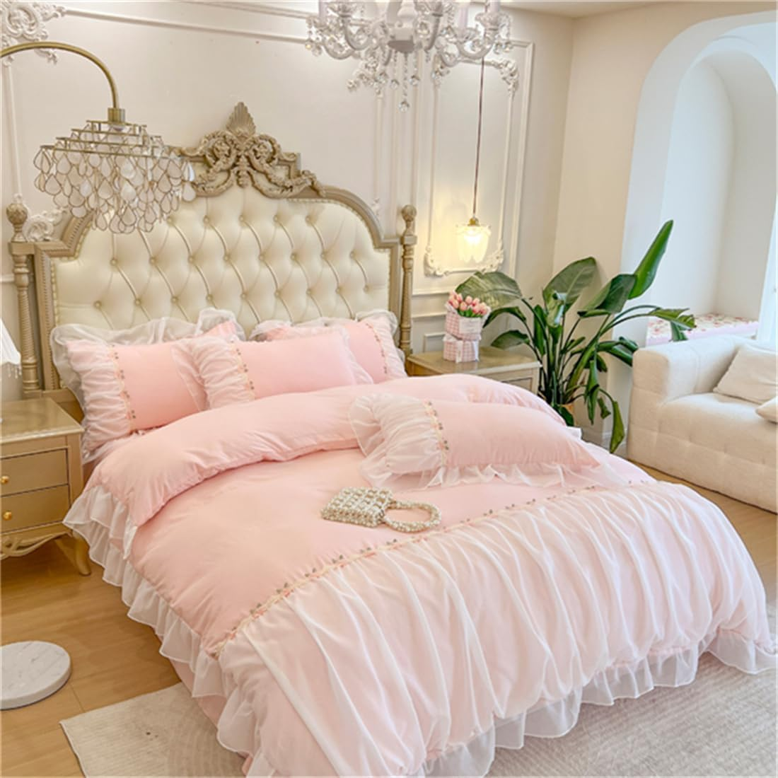 MOOWOO Pink Bedding-Romantic Ruffle Lace Bedding Set 3 Piece Comforter Queen Duvet Cover with Zipper Closure,Coquette Room Decor-Pink,Queen Size image number 3