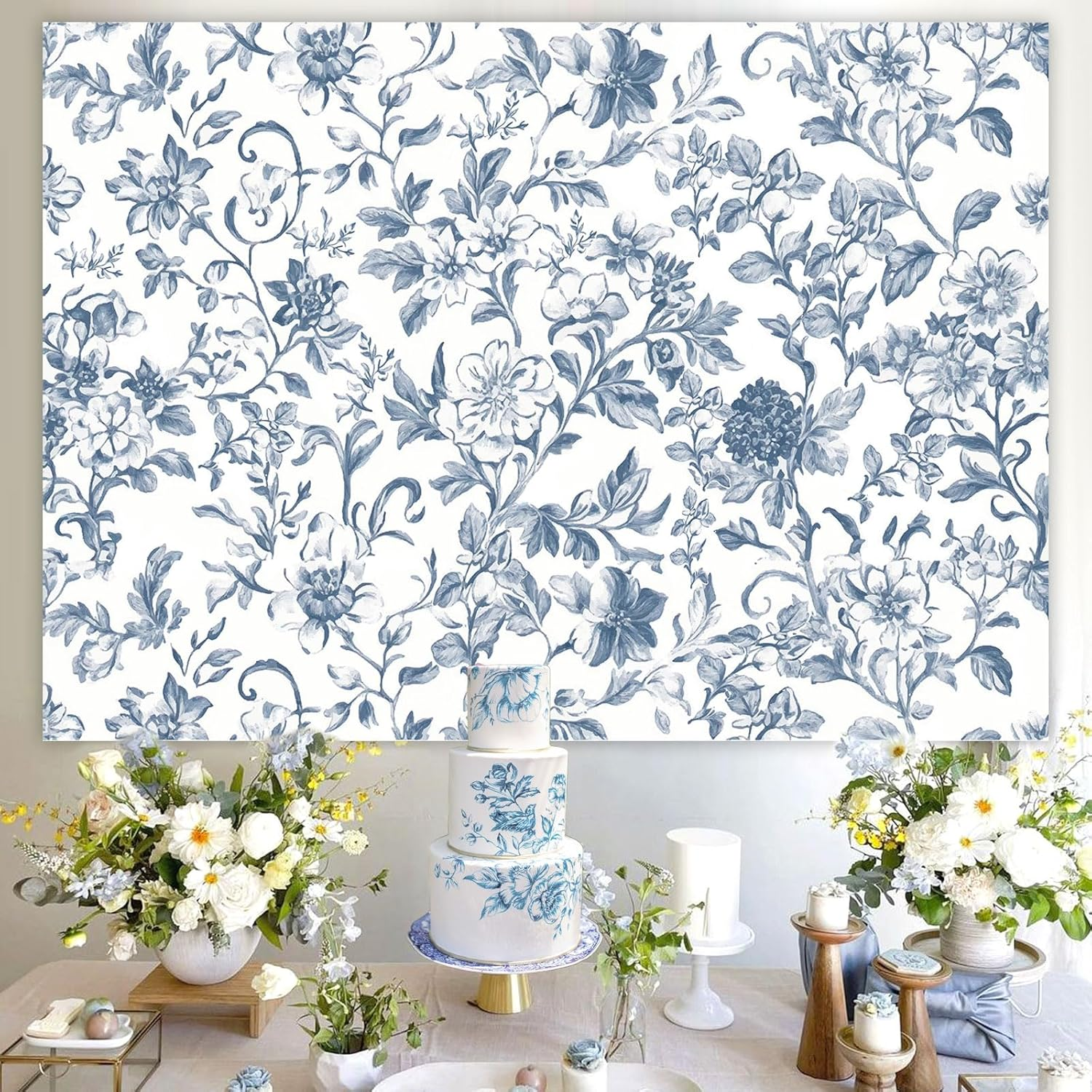 Wonmelody Blue Chinoiserie Party Decorations 7 * 5 Ft Blue Chinoiserie Backdrop Blue Floral Safari Birthday Baby Shower Backdrop Decor for Floral Blue Chinoiserie Birthday Wedding Bridal Shower image number 2