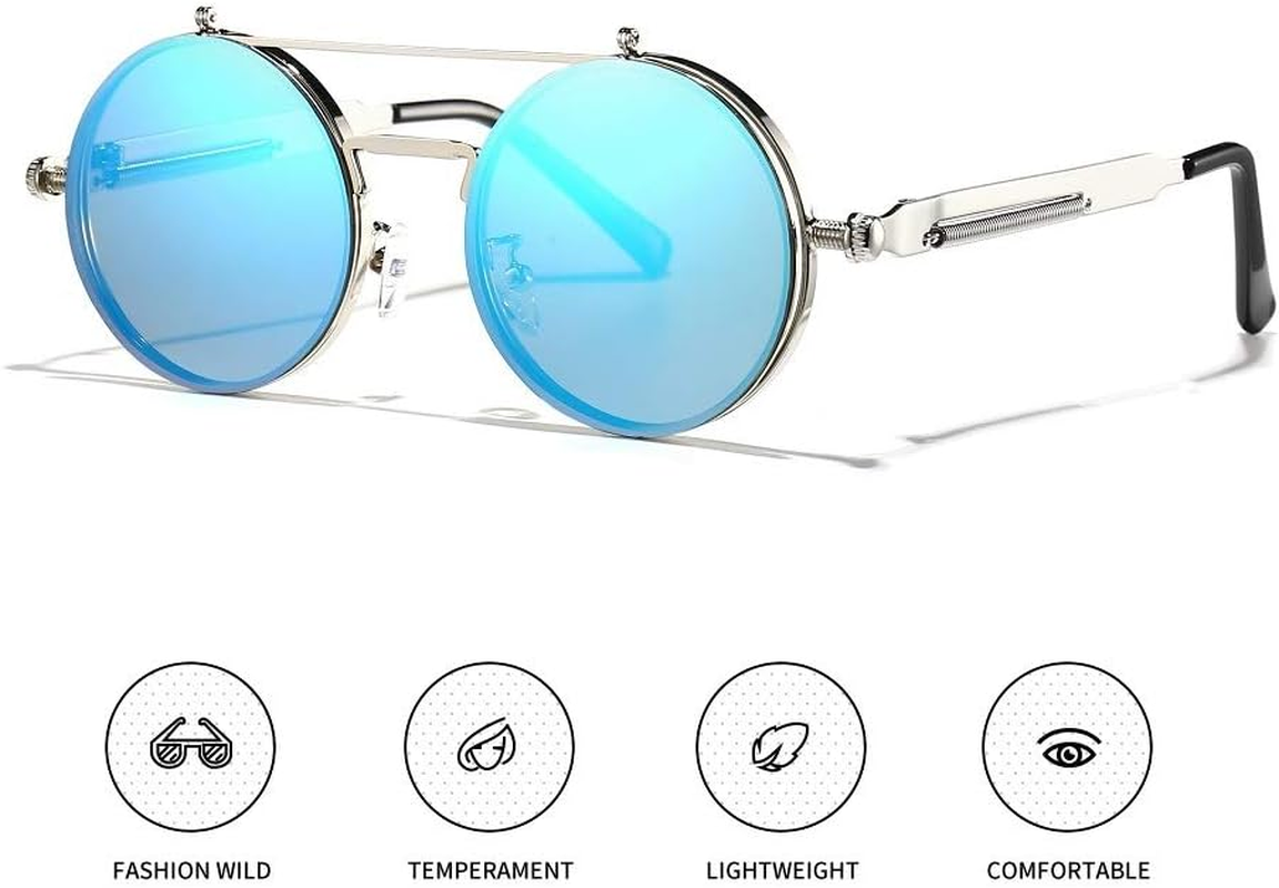 Vintage round Flip up Steampunk Sunglasses Retro Clamshell Punk Eyewear Metal Circle Glasses for Men Women
