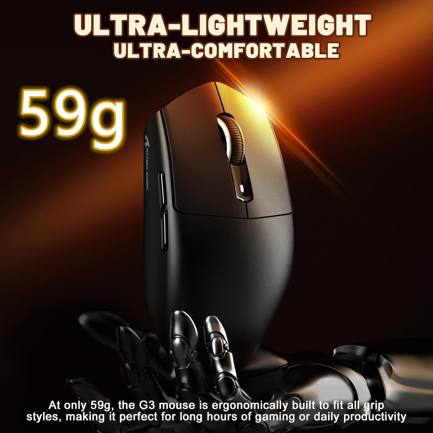 MAMBASNAKE Attack Shark G3 Wireless Gaming Mouse with Tri Mode Wired/2.4Ghz/Bt,59G Ultra-Lightweight,25000 DPI,1000 Polling,Pixart PAW3311 Sensor,500Mah Long Battery,Programmable for PC Gamer(Black) image number 2