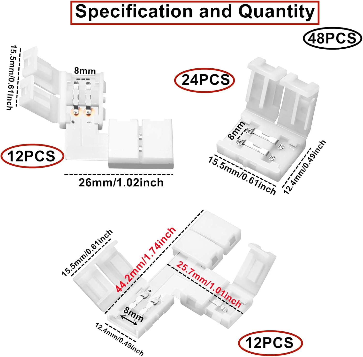 Pack of 48 2 Needle LED Strip Connectors, Light Connectors, T Shape L Shape Gapless Solderless Connectors, LED Adapter Light Extension Connector for 3528 2835 SMD RGB LED Strip Light (8 Mm) image number 1