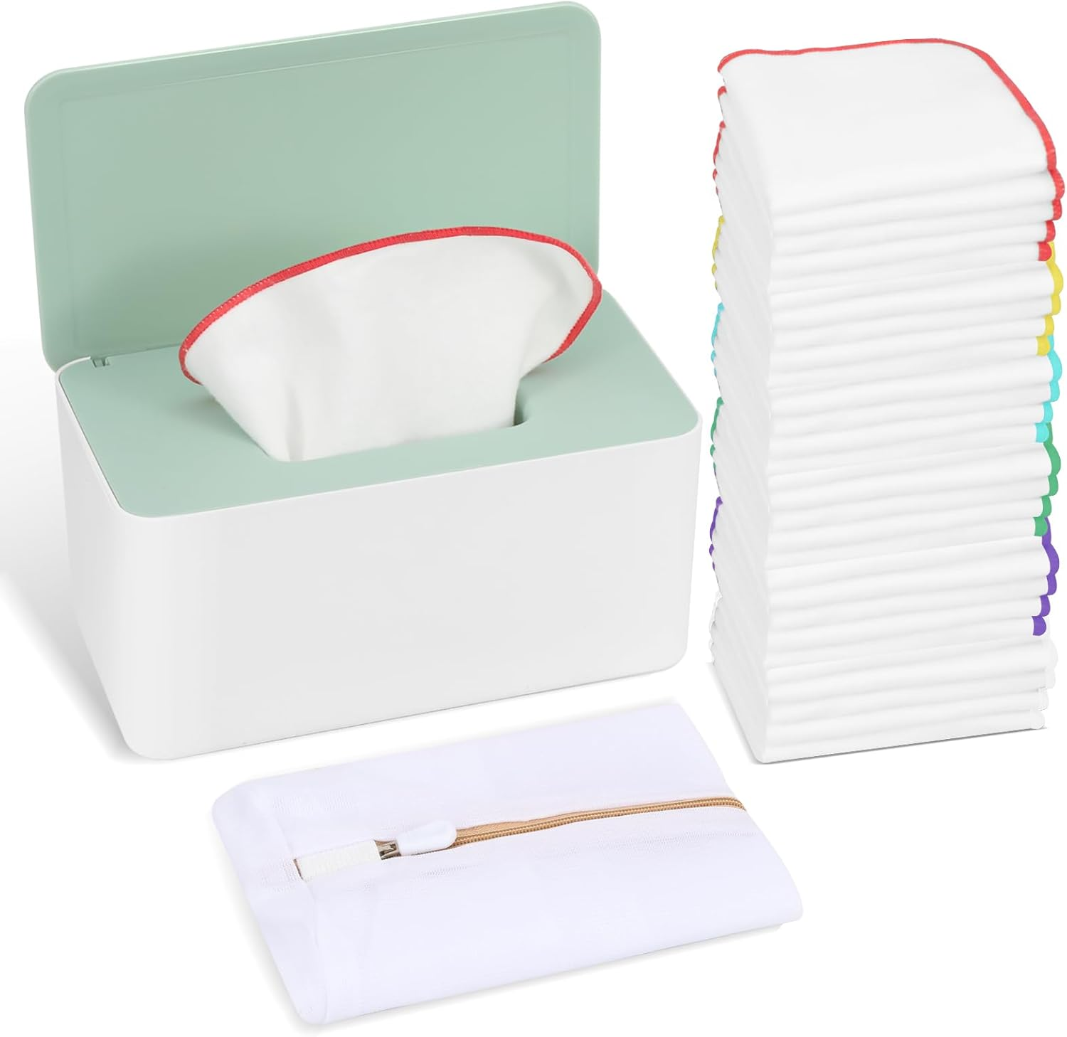 54 Pack Flannel Cloth Wipes with Green Upgraded Dispenser, Reusable & Durable Cloth Wipes, Body Face Hand Washcloth