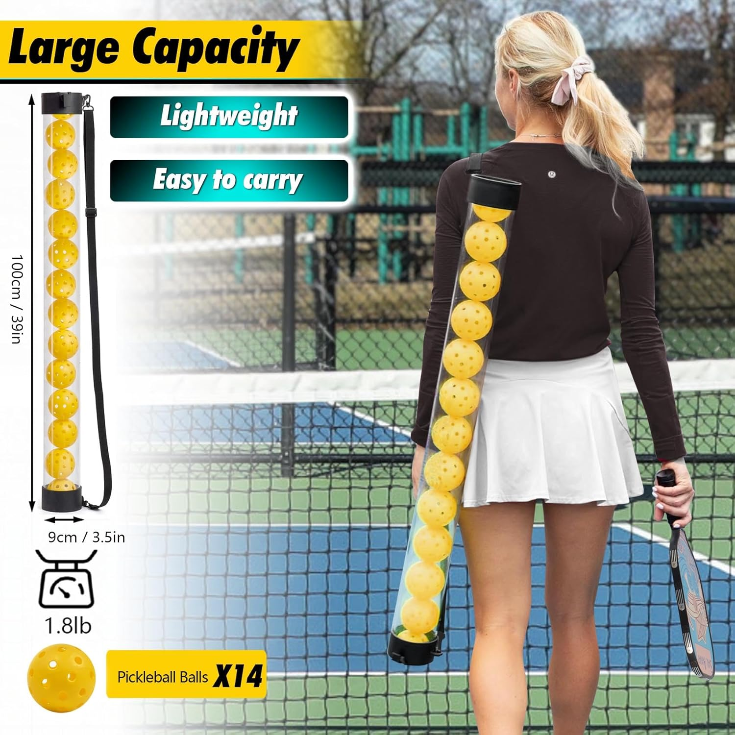 Pickleball Picker Upper Holds 14 Balls, Pickleball Ball Picker Hopper Tube, Pickleball Pickup Tube - Lightweight Pickleball Retriever Collector with Shoulder Strap image number 2