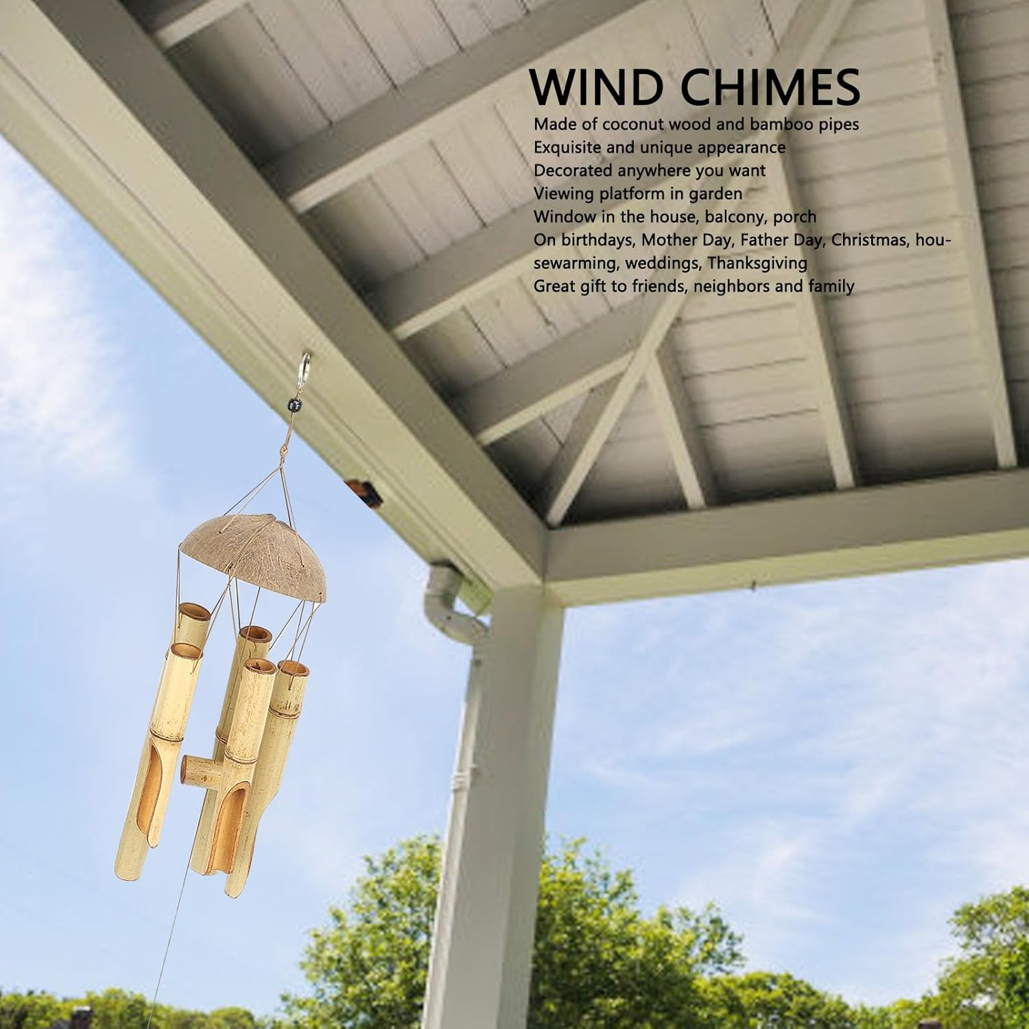 Bamboo Wind Chimes, Coconut Shell Top Hanging Decor Craft, Relaxing Melody for Garden Decor, Indoor Outdoor, Home, Balcony image number 3