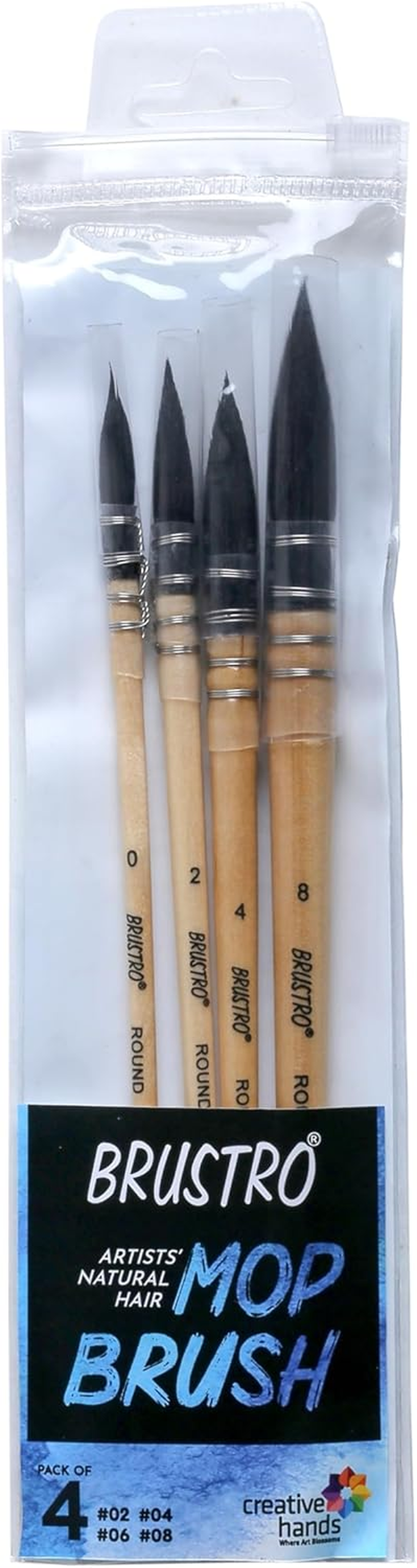 BRUSTRO Artists Natural Hair MOP Brush | Set of 4 - (0, 2, 4, 8) | Ideal for Watercolor, Synthetic Blend, round Paint Brush, Art Painting, Colour, Gouache, Wooden Handle, Professional and Students image number 6