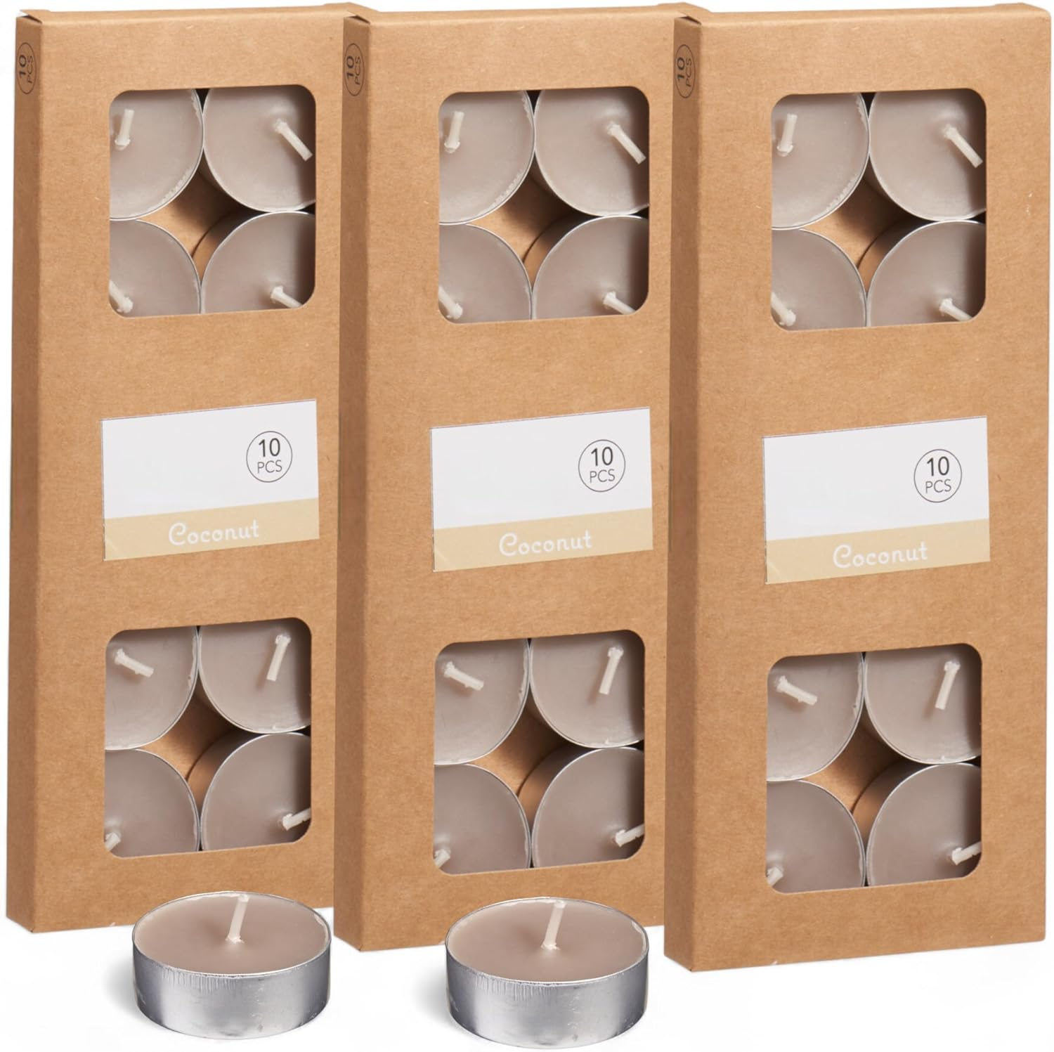 MIJOMA Coloured Tea Lights Pack of 30 - Set of 3 Packs - 4 Hours Burn Time Each - Decorative Candles in Kraft Box - Mood Light for Home & Events (Sand)