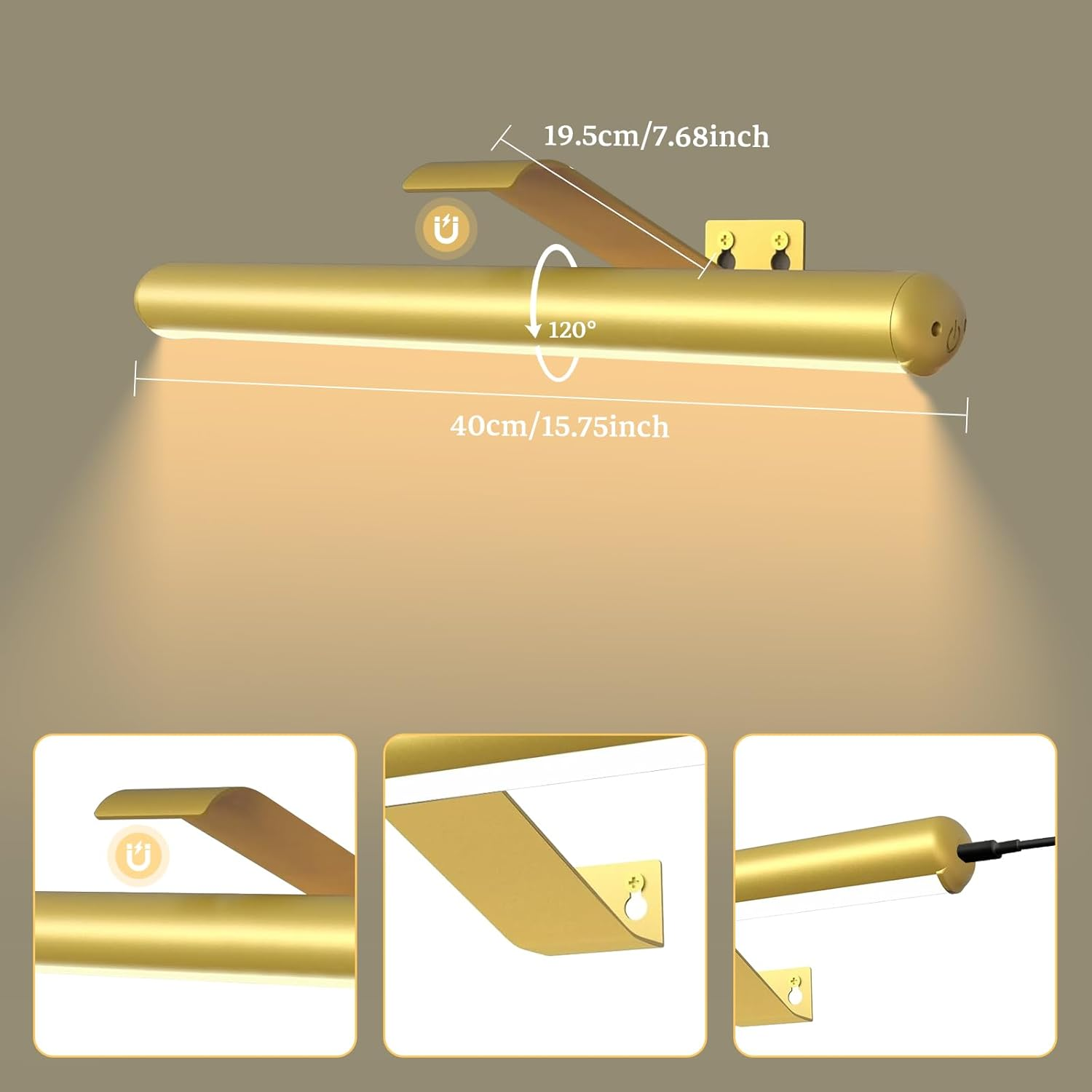 16-Inch Picture Lights,Rechargeable Wall Light with Remote, Wireless Dimmable Art Display Lamp with Timer Painting Frame Light for Wall Pictures, Frames, Gallery, Dartboard (Gold) image number 2