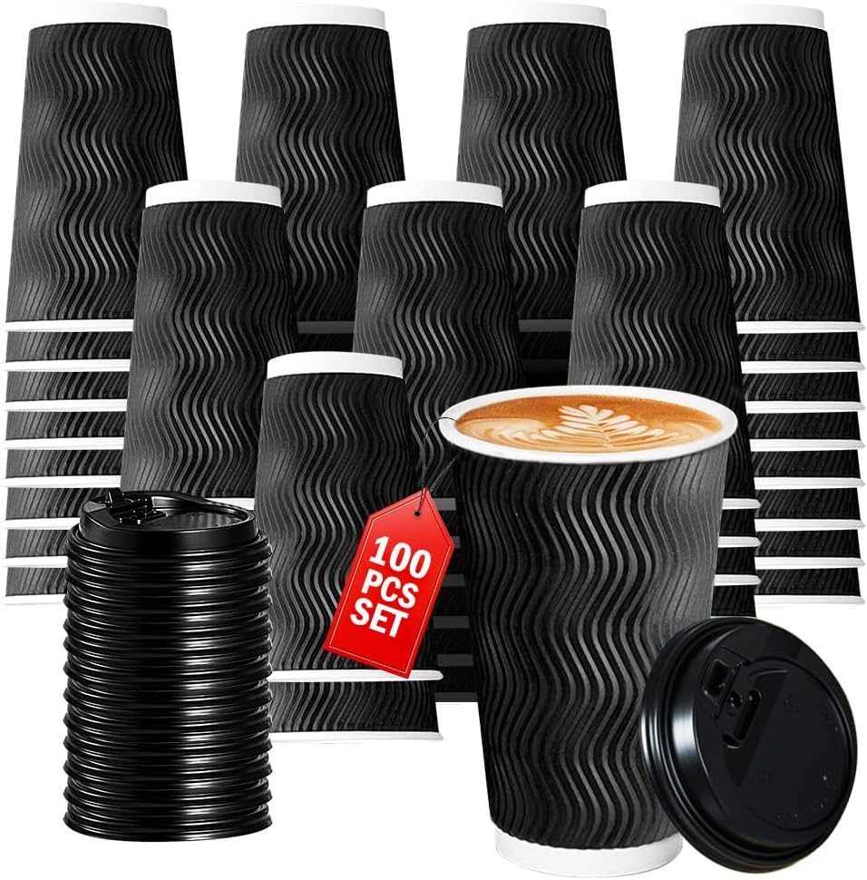 Vivva 12Oz 100 Pack Ripple Wall Paper Cups, Disposable Coffee Cups with Lids, to Go Paper Coffee Cups for Hot/Cold Beverages, Tea, Hot Chocolate, Juice. Ideal for Home, Restaurant, and Cafe (Blue)