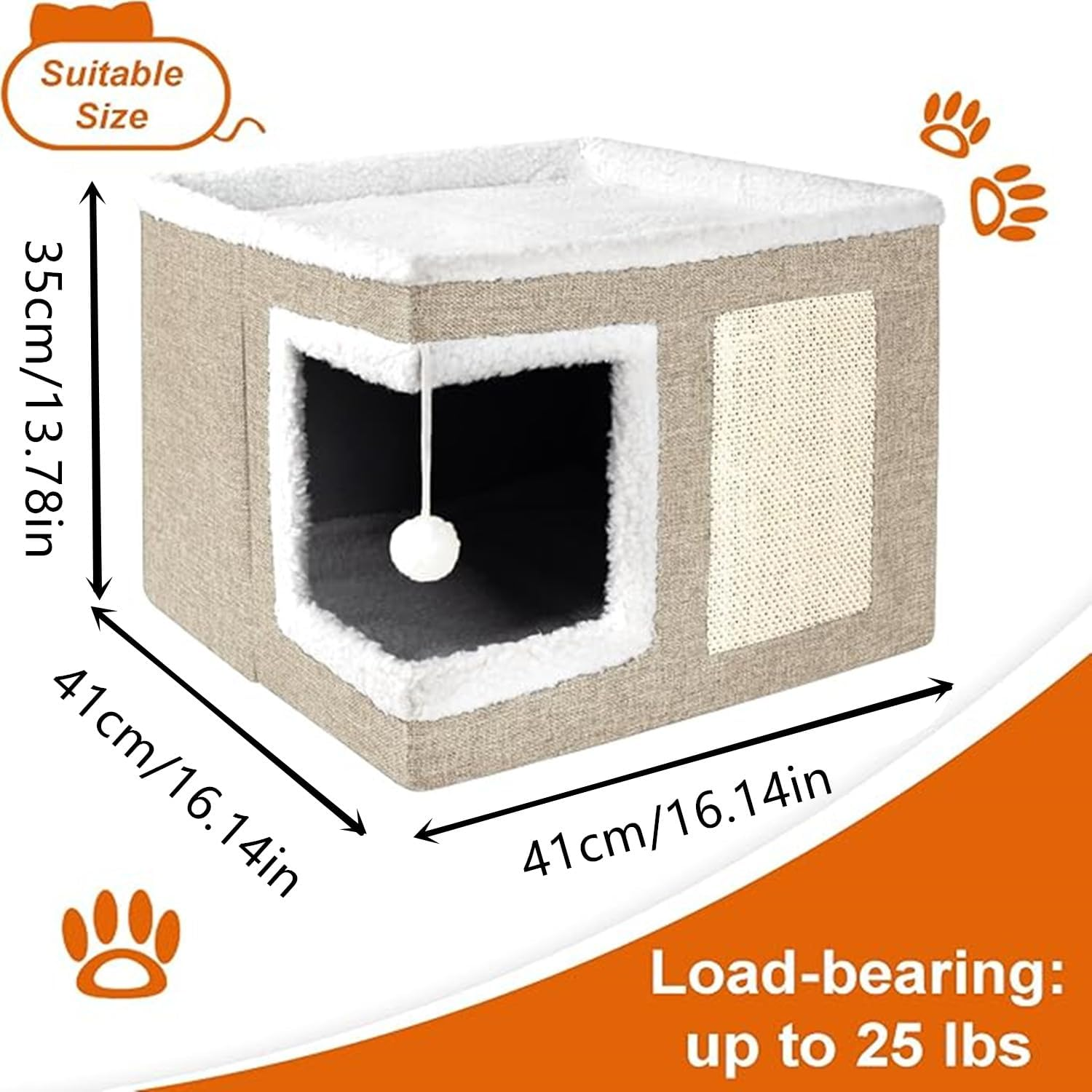 Cat Houses for Indoor Cats - Large Cat Bed Cave with Scratch Pad and Fluffy Ball, Foldable Cat Condo Hideaway with Reversible Cushion for Multi Small Pet (Khaki, 40 * 40 * 15) - Dark Grey image number 3