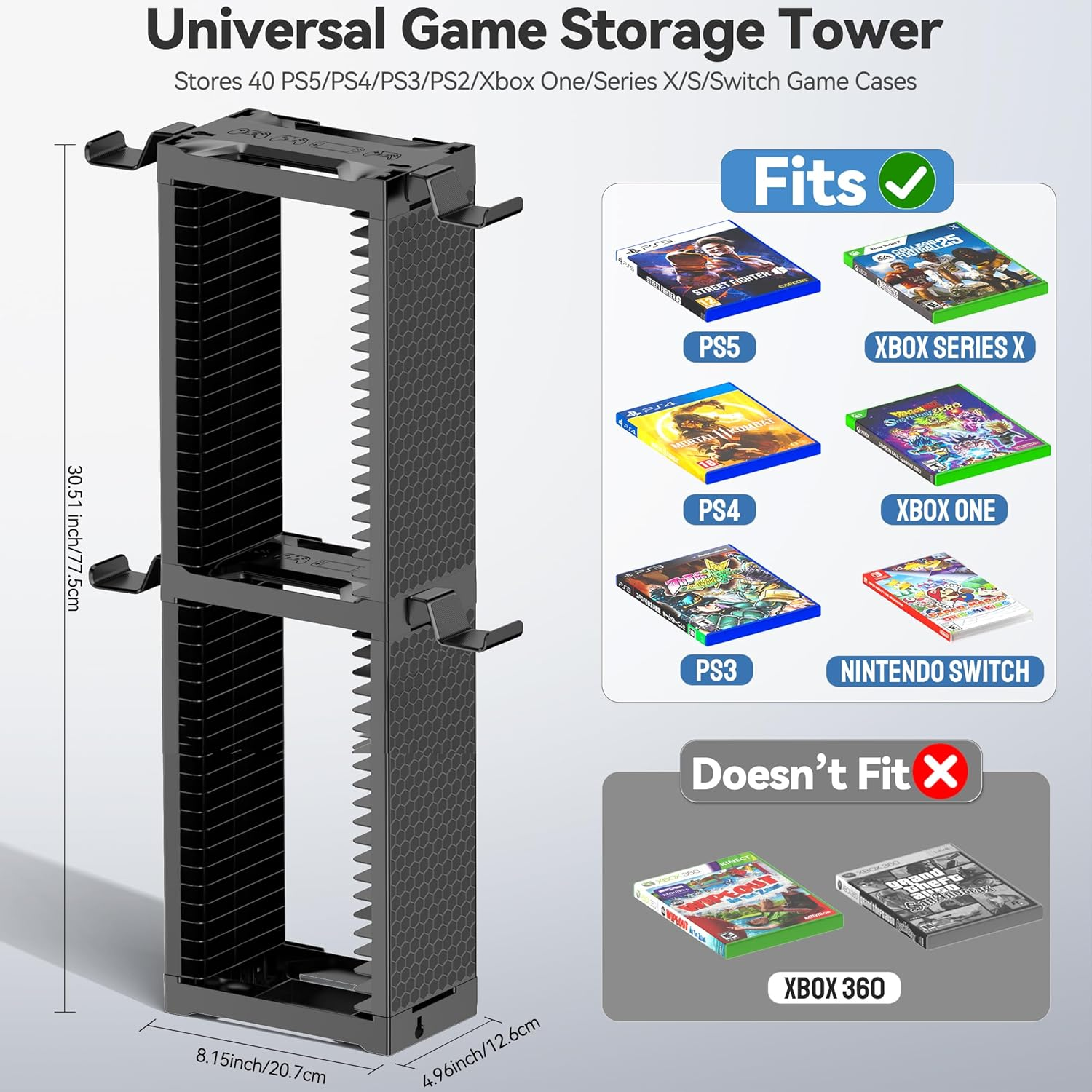 Kytok Video Game Storage Stand Tower with Controller Holder, Wall Mount Game Disc Case Organizer Compatible with PS5 PS4 Nintendo Switch Xbox Series/One, Vertical & Horizontal Stand for 40 Gaming Disc image number 1