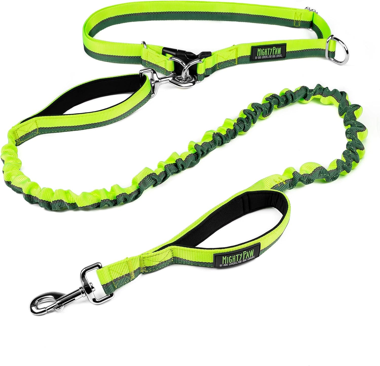 Mighty Paw Hands Free Bungee Leash 2.0 | 4&rsquo; Dog Lead W/Dual Padded Traffic Handles for Running, Hiking & Jogging. Wearable Belt (27-48&rdquo; Waistband) W/ 2 Attachment Loops. Pets up to 150Lb (Green)