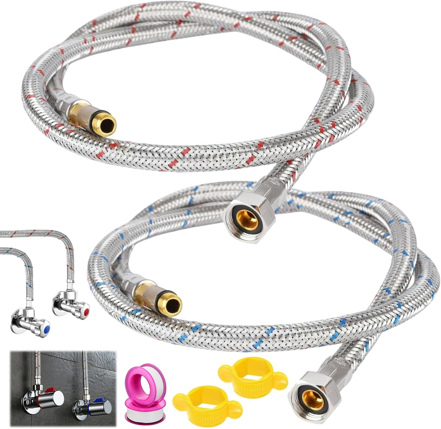 Pack of 2 80 Cm Tap Connection Hose G3/8 X M10, Hot and Cold Water Tap Connection Extension with Sealing Tape, Stainless Steel Braided Flexible Hose Fitting, Suitable for Kitchens and Bathrooms image number 3