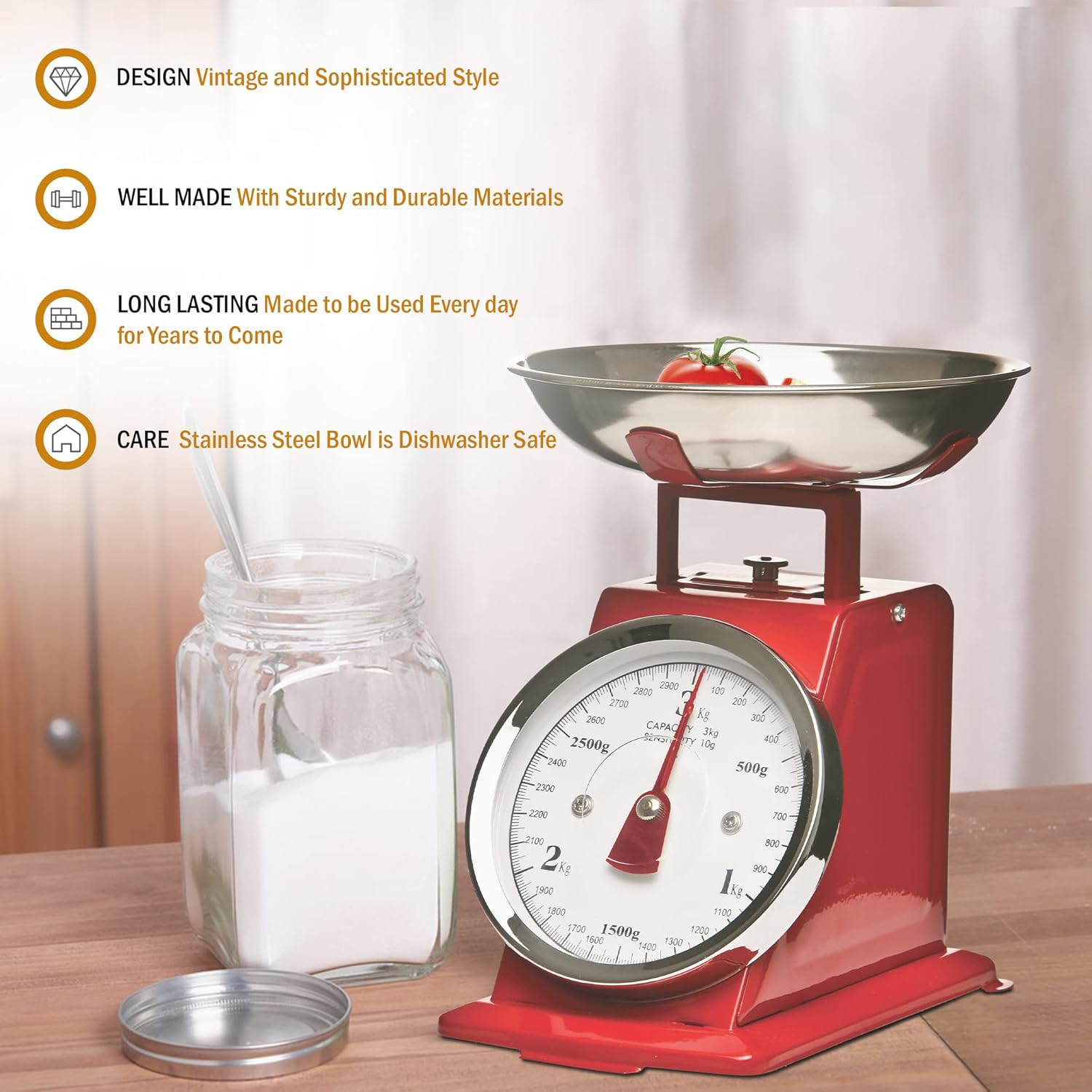 Premier Housewares 3KG Retro Kitchen Scale Weighing Scales Cooking Stainless Steel Kitchen Scales with Bowl Baking Scales Food Scales for Weighing, Red image number 1
