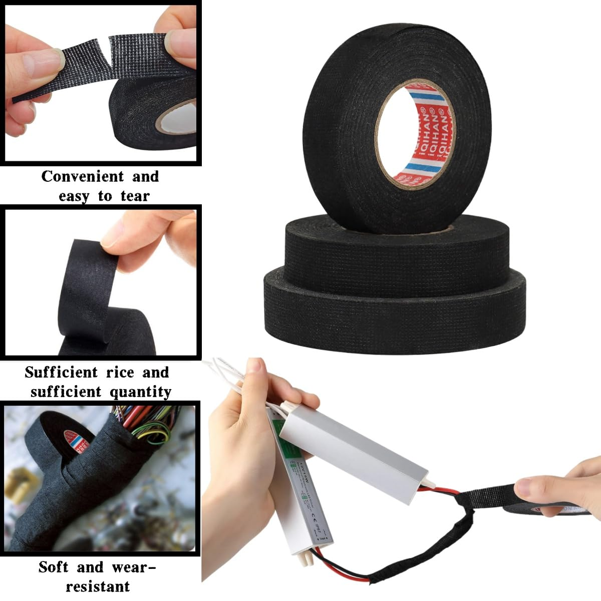 Black Flame-Retardant Fabric Tape, High-Temperature Wire and Cable Loom, 4 Rolls of Sound Insulation, Heat Insulation and Fireproof Tape