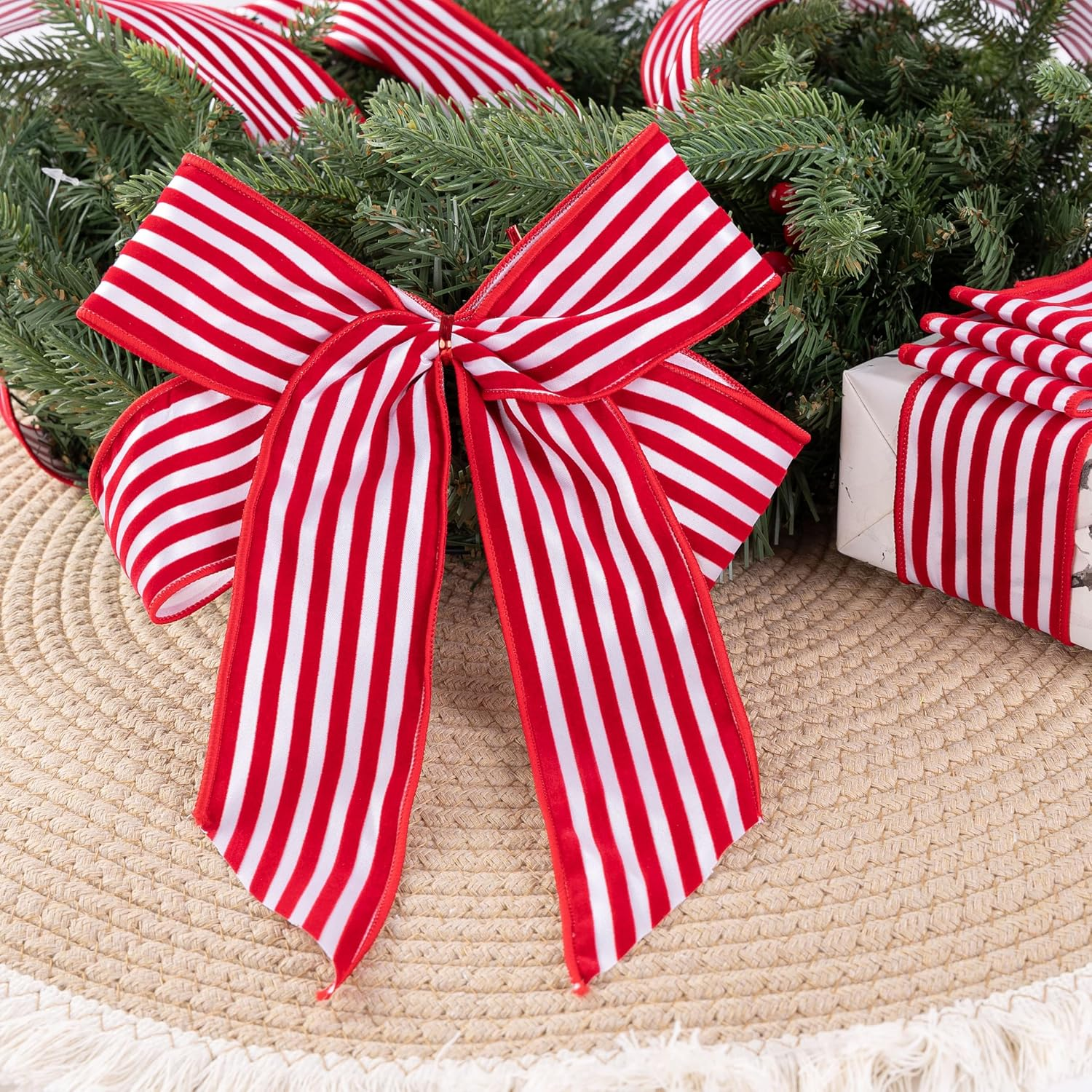 Red Velvet Striped 2.5Inch Wide*10Yards Red Velvet Striped Wired Ribbon and White Satin for Christmas Tree,Holiday,Garland,Gifts,Wrapping,Wreaths,Bows(2.5" Stripe) image number 5