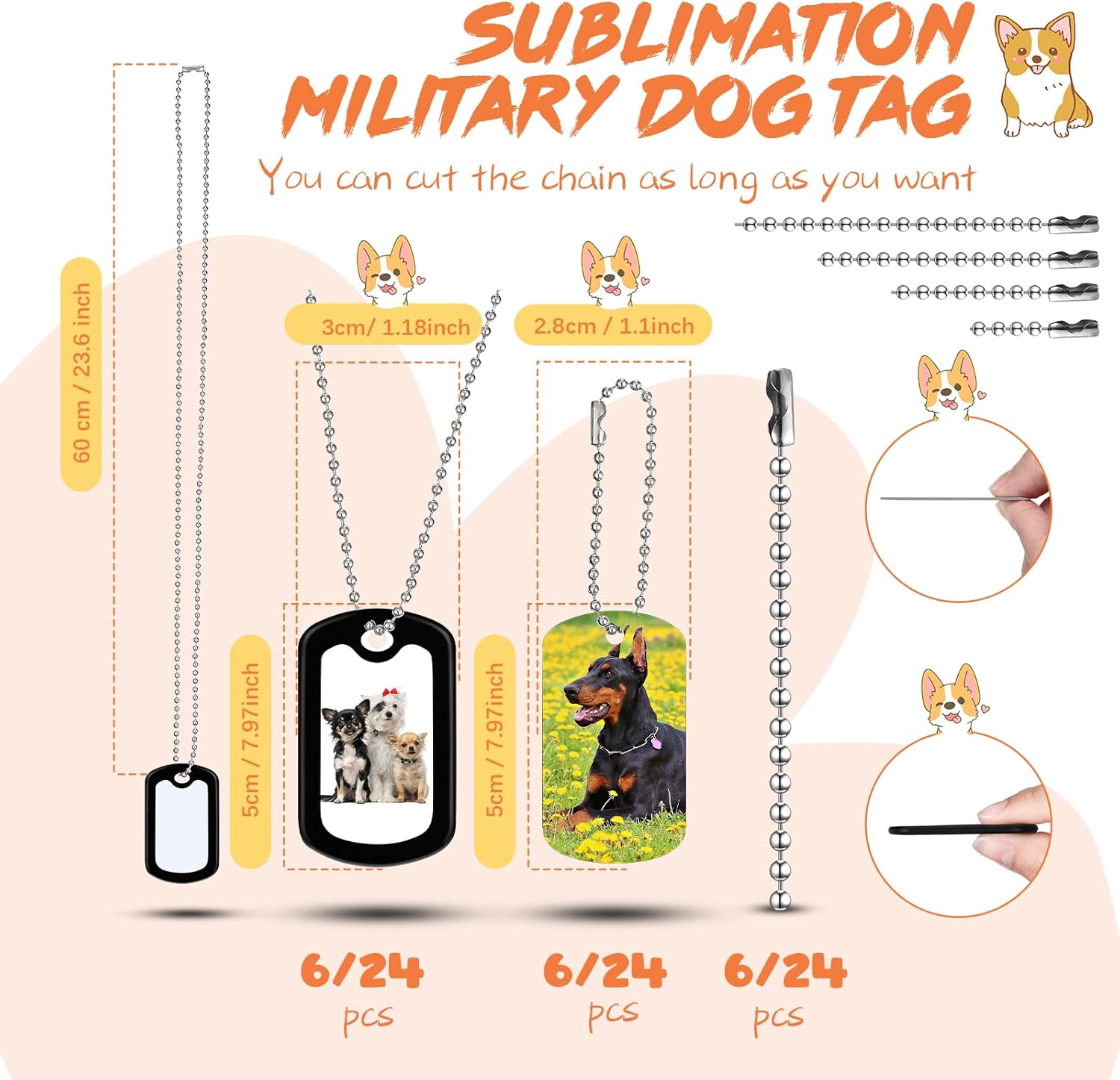 Sublimation Blank Dog Tag Set Aluminum White Stamping Tag Pendants Double Sided Blank Metal Tags with Military Silicone Dog Tag Silencer 23.6 Inch Dog Tag Chain for DIY (6 Sets) image number 6