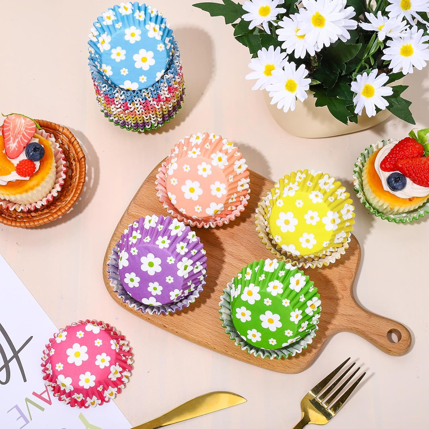 Whaline 600Pcs Colorful Daisy Flower Cupcake Liners Spring Rainbow Color Cupcake Wrappers Baking Cup Boho Groovy Hippie Party Muffin Liners for Spring Summer Baby Shower Wedding Birthday Party image number 5